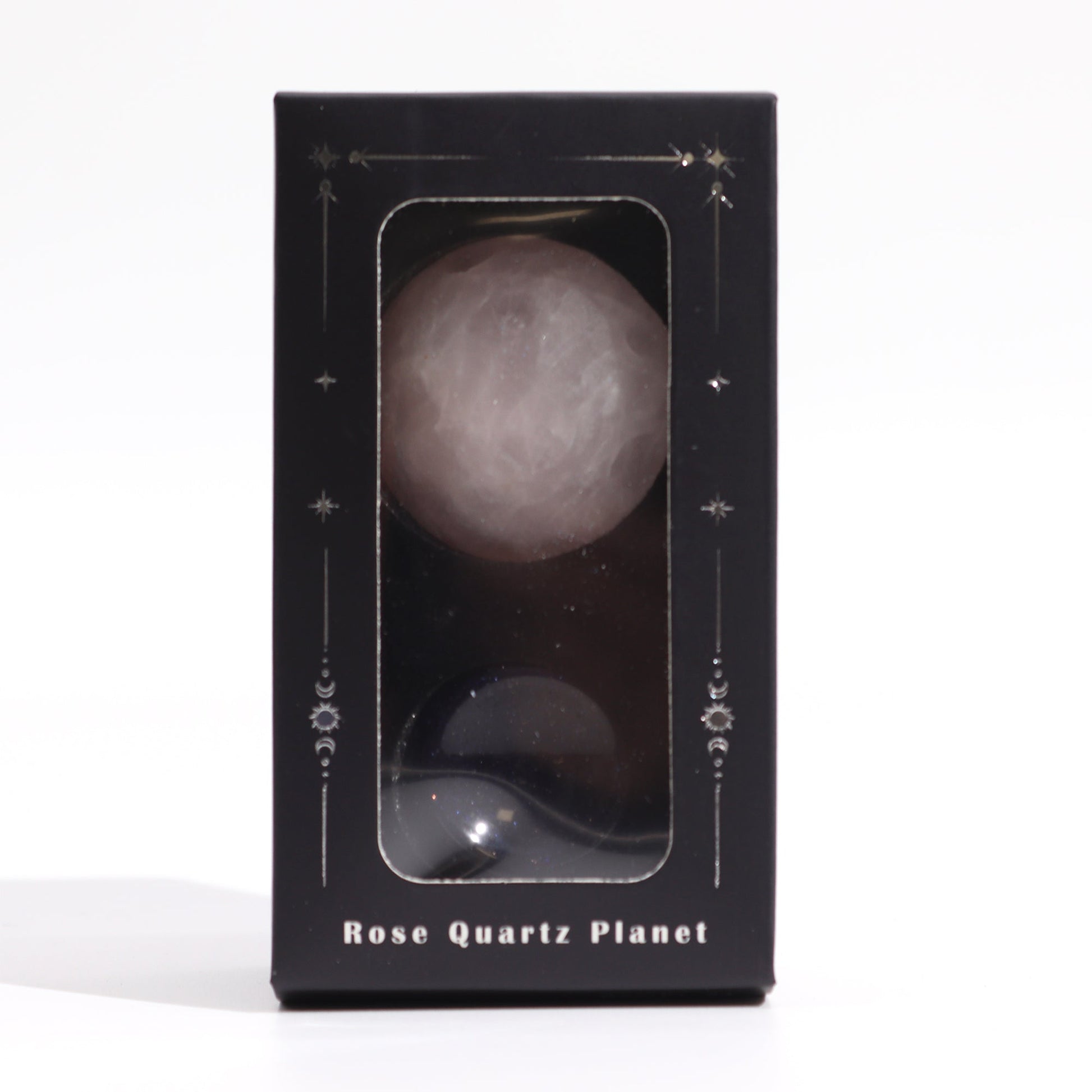 Rose Quartz Gemstone Planet and Goldstone Stand - Venus product packaging on clean background from Quintessential Holistic Health Ltd