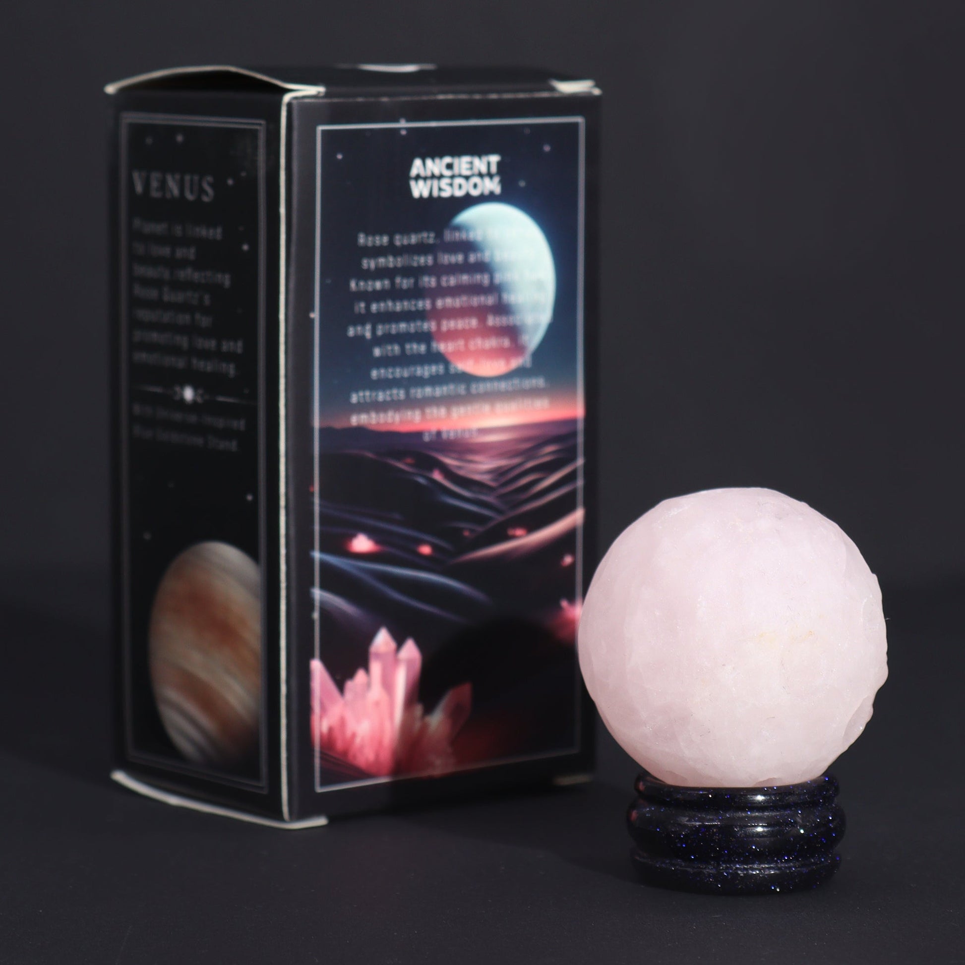 Rose Quartz Gemstone Planet and Goldstone Stand - Venus product packaging on clean background from Quintessential Holistic Health Ltd