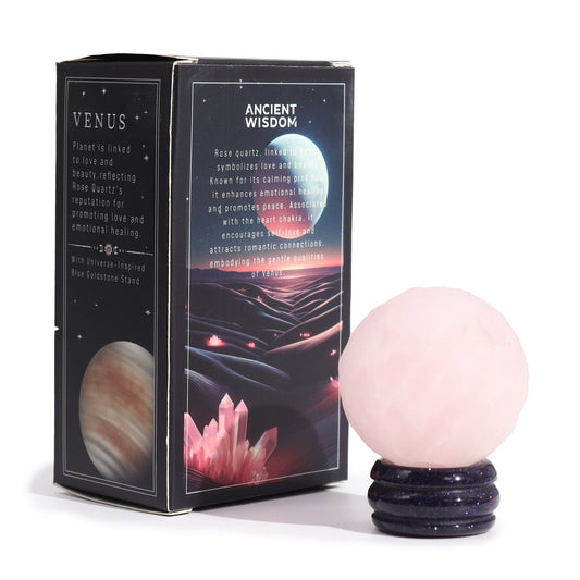 Rose Quartz Gemstone Planet and Goldstone Stand - Venus product packaging on clean background from Quintessential Holistic Health Ltd
