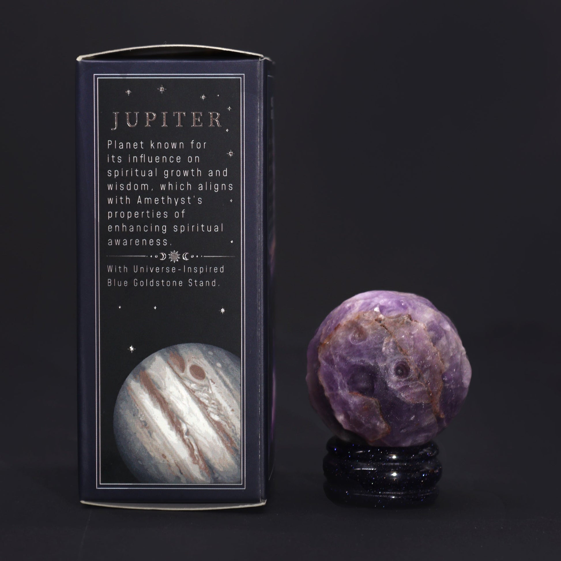 Amethyst Gemstone Planet and Goldstone Stand - Jupiter product packaging on clean background from Quintessential Holistic Health Ltd