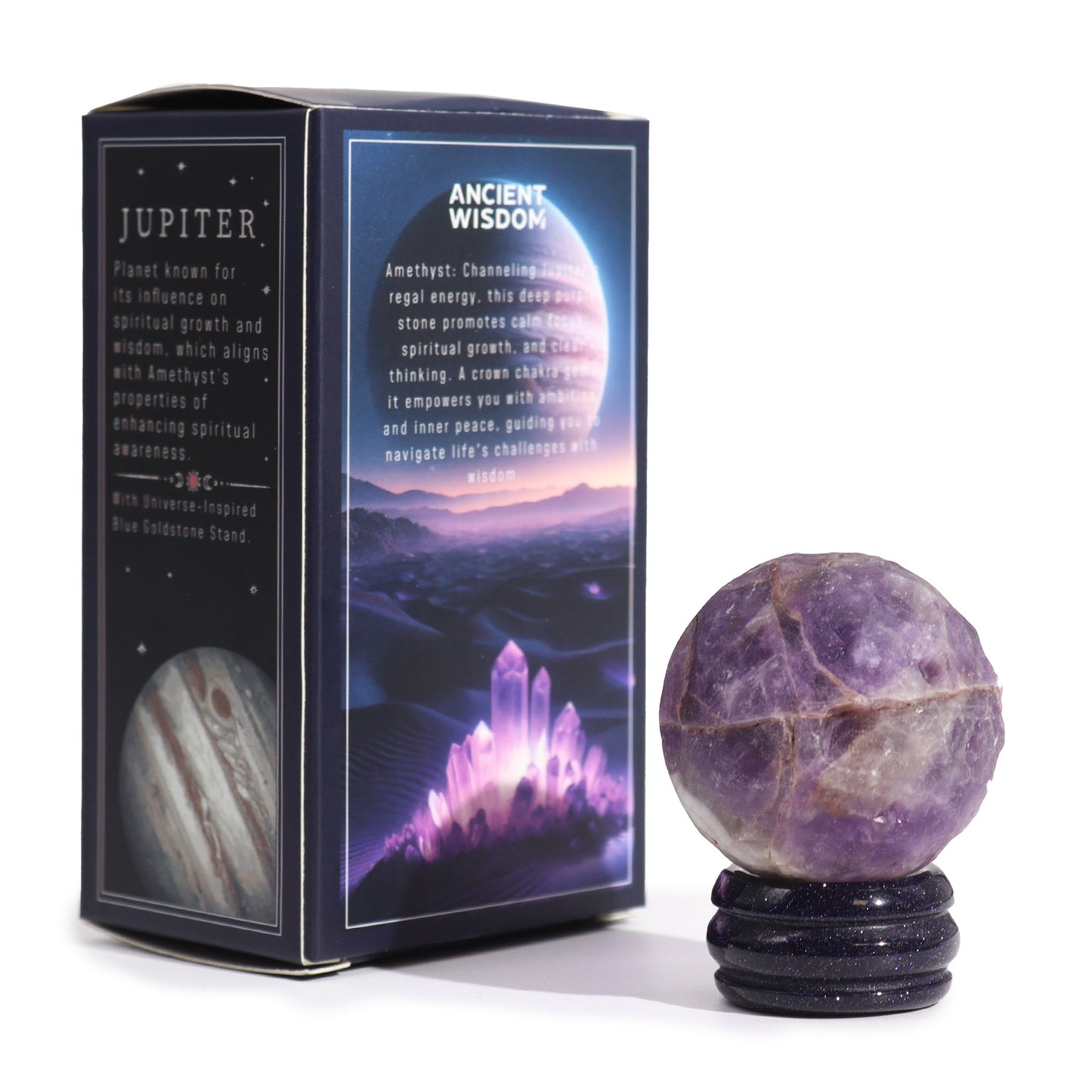 Amethyst Gemstone Planet and Goldstone Stand - Jupiter product packaging on clean background from Quintessential Holistic Health Ltd
