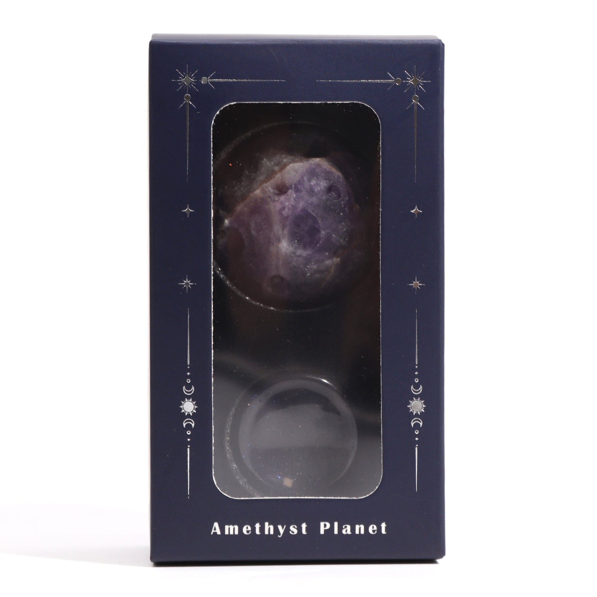 Amethyst Gemstone Planet and Goldstone Stand - Jupiter product packaging on clean background from Quintessential Holistic Health Ltd