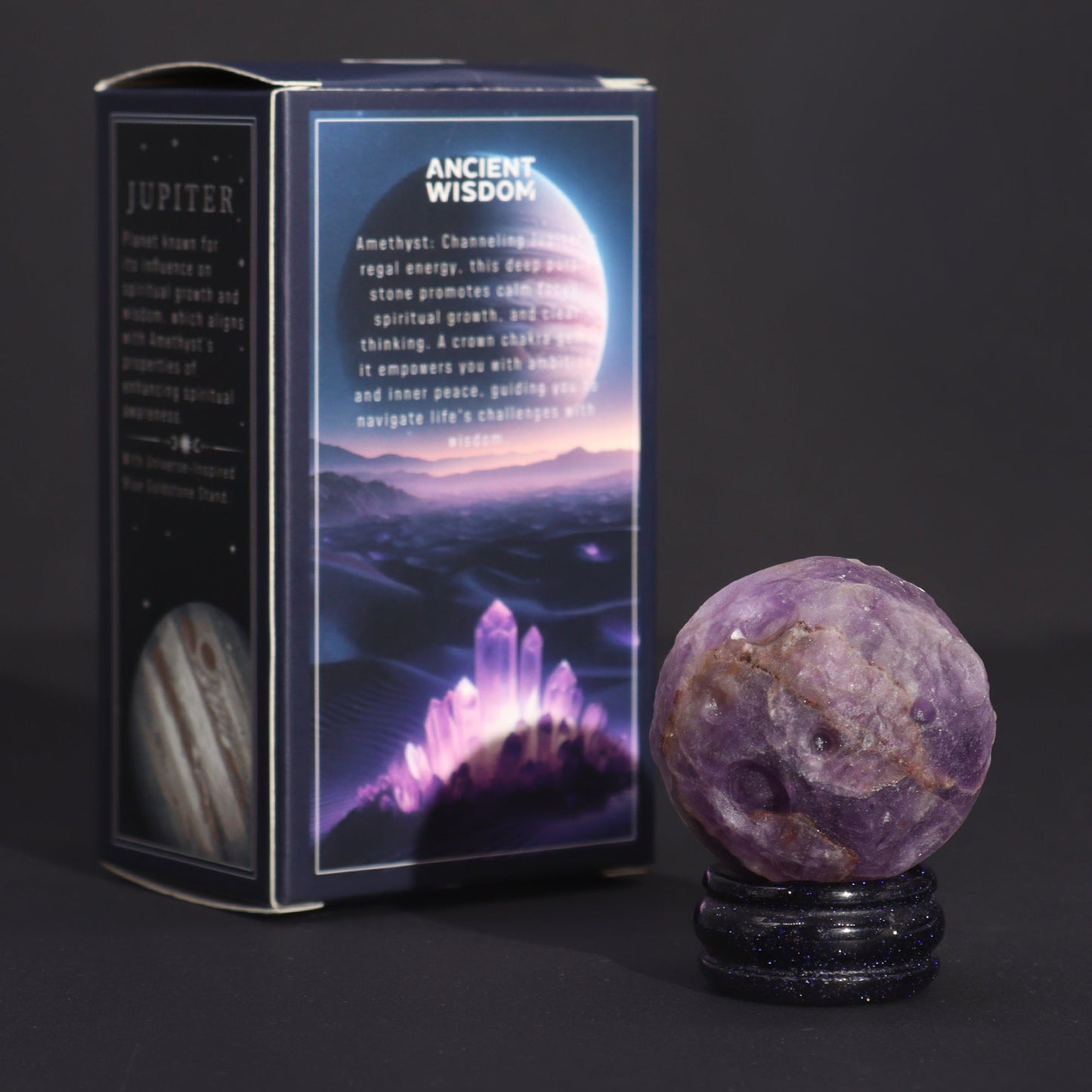 Amethyst Gemstone Planet and Goldstone Stand - Jupiter product packaging on clean background from Quintessential Holistic Health Ltd