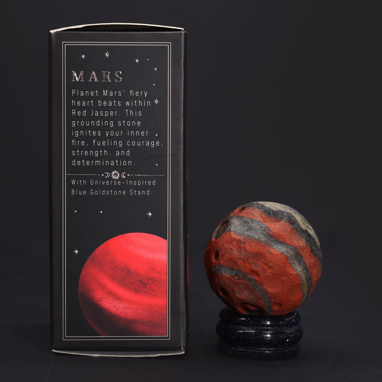 Red Jasper Gemstone Planet and Goldstone Stand - Mars product packaging on clean background from Quintessential Holistic Health Ltd