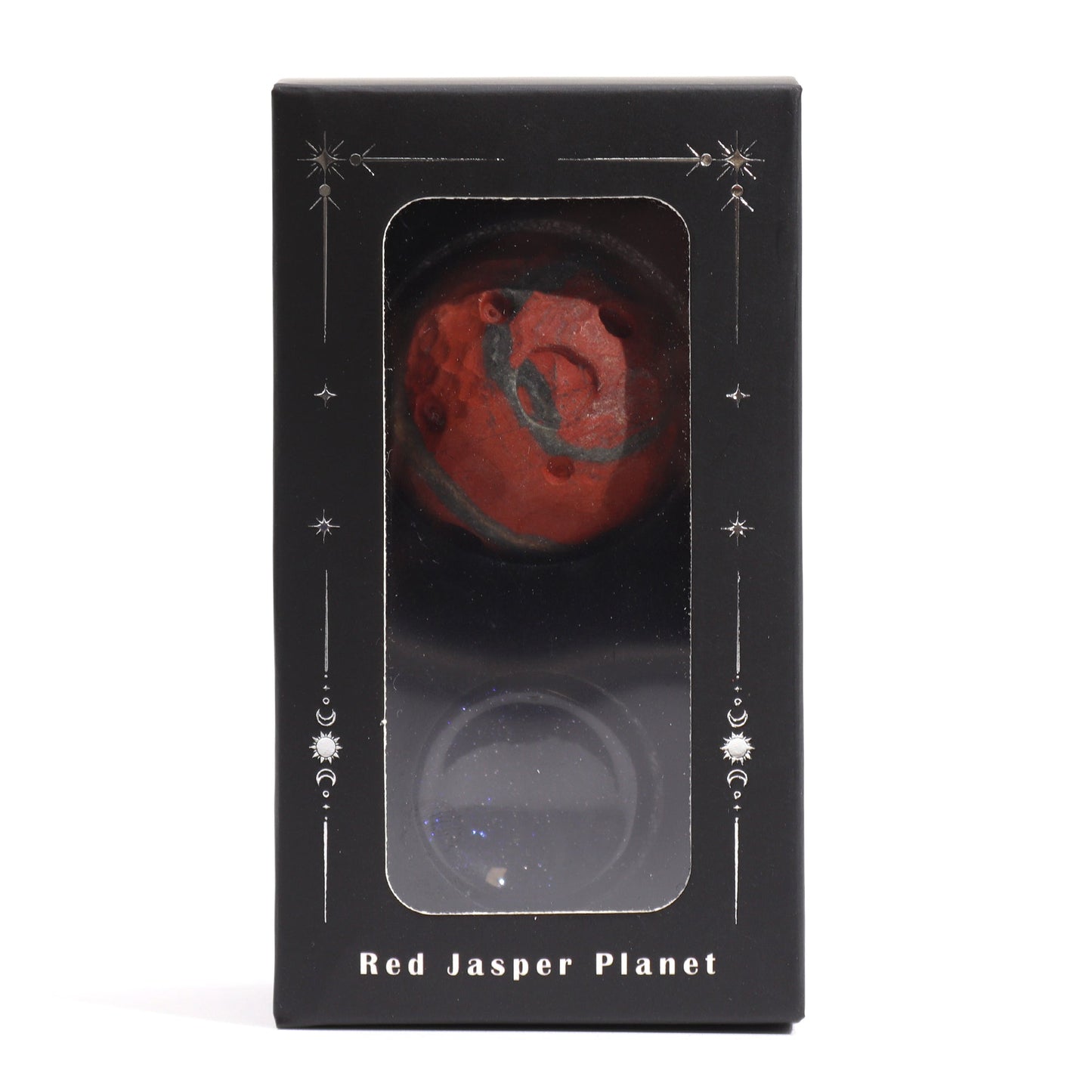 Red Jasper Gemstone Planet and Goldstone Stand - Mars product packaging on clean background from Quintessential Holistic Health Ltd