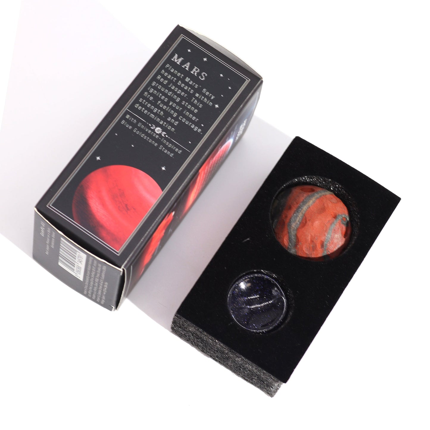Red Jasper Gemstone Planet and Goldstone Stand - Mars product packaging on clean background from Quintessential Holistic Health Ltd