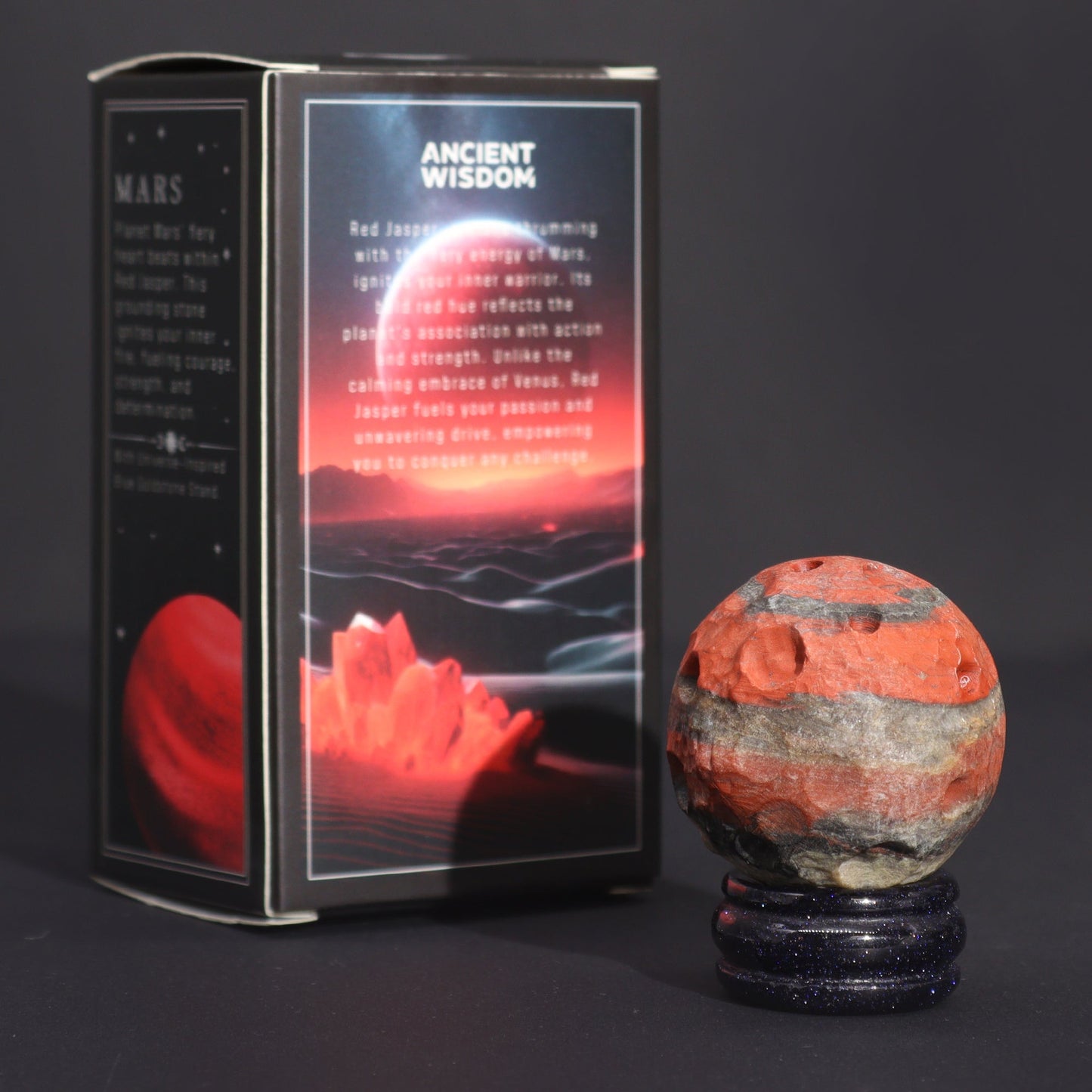Red Jasper Gemstone Planet and Goldstone Stand - Mars product packaging on clean background from Quintessential Holistic Health Ltd