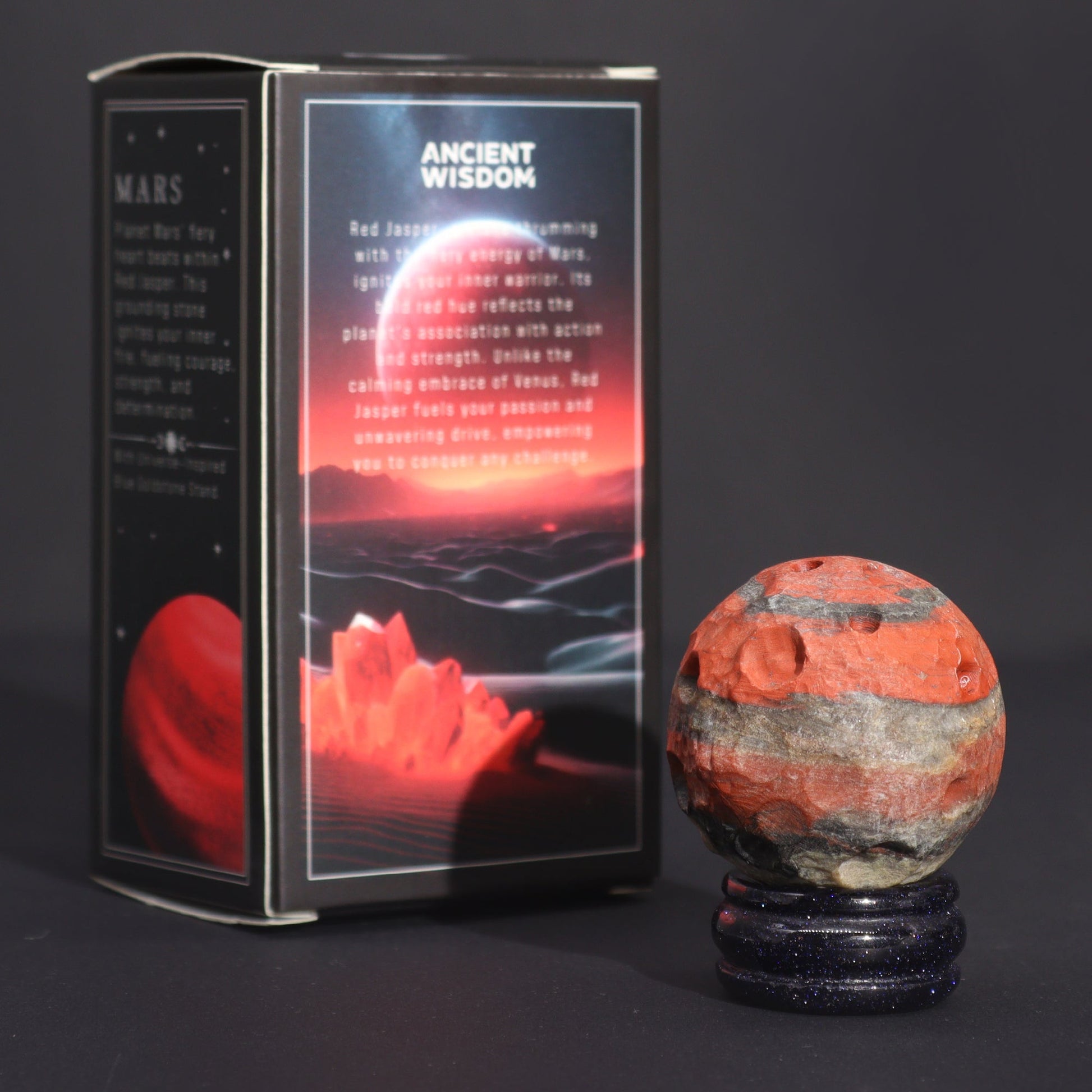 Red Jasper Gemstone Planet and Goldstone Stand - Mars product packaging on clean background from Quintessential Holistic Health Ltd