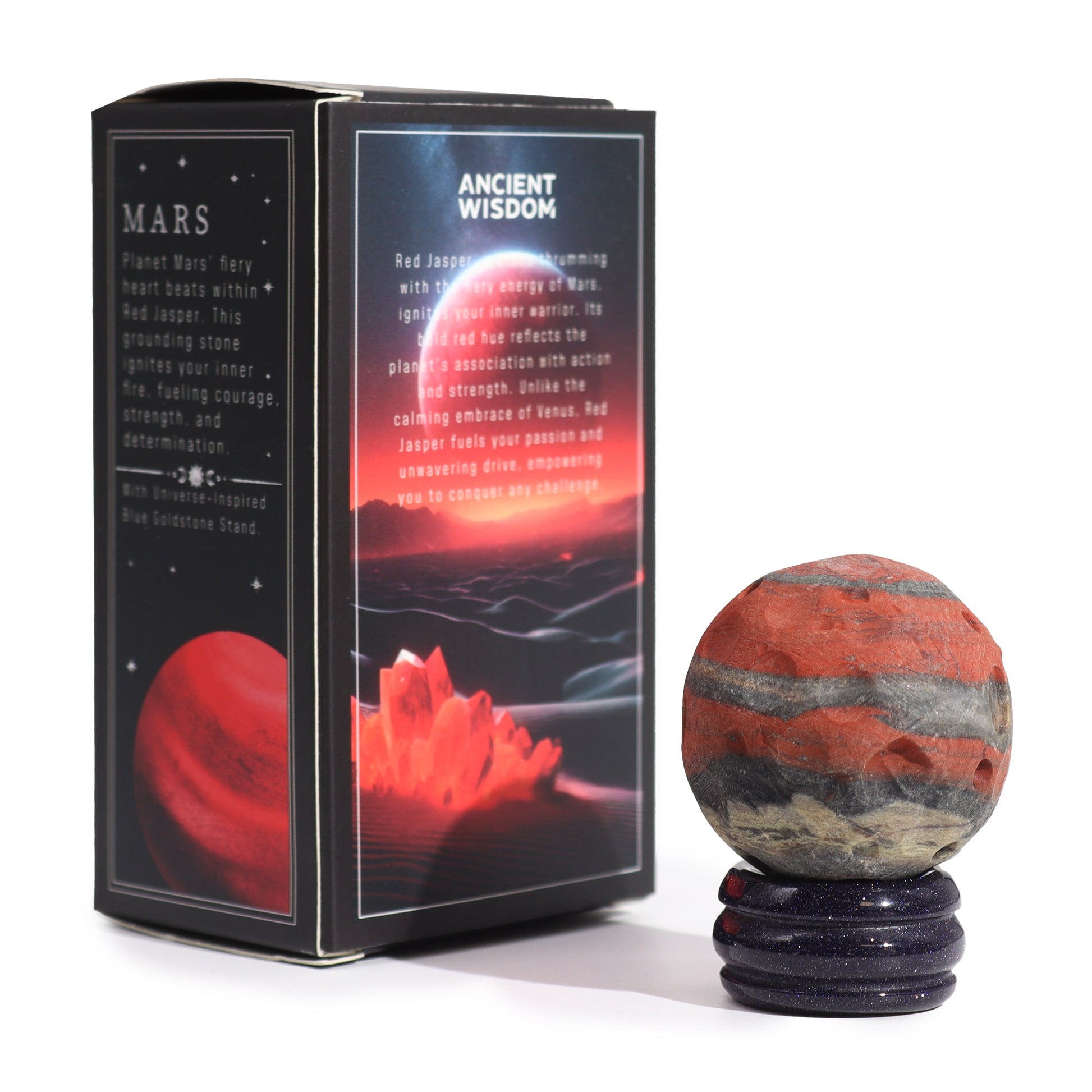 Red Jasper Gemstone Planet and Goldstone Stand - Mars product packaging on clean background from Quintessential Holistic Health Ltd