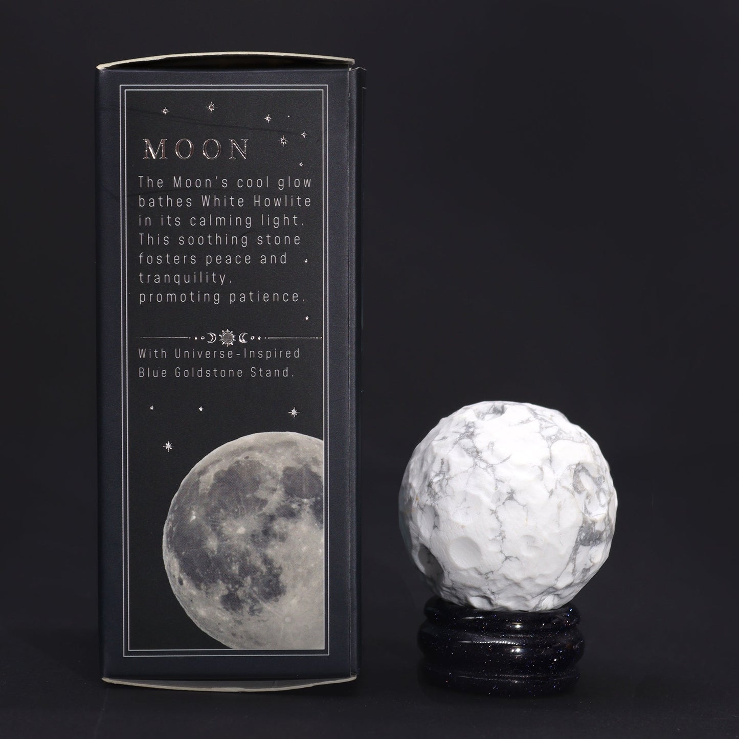 White Howlite Gemstone Planet and Goldstone Stand - Moon product packaging on clean background from Quintessential Holistic Health Ltd