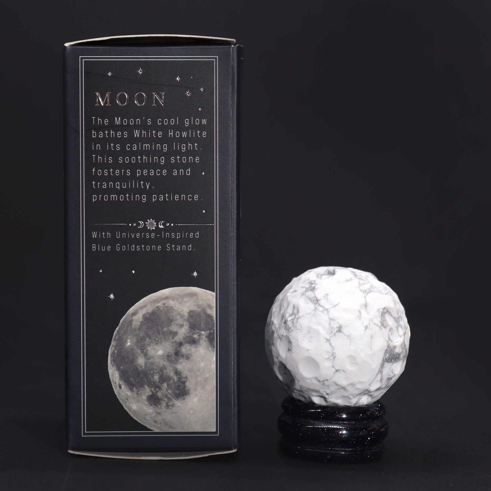 White Howlite Gemstone Planet and Goldstone Stand - Moon product packaging on clean background from Quintessential Holistic Health Ltd