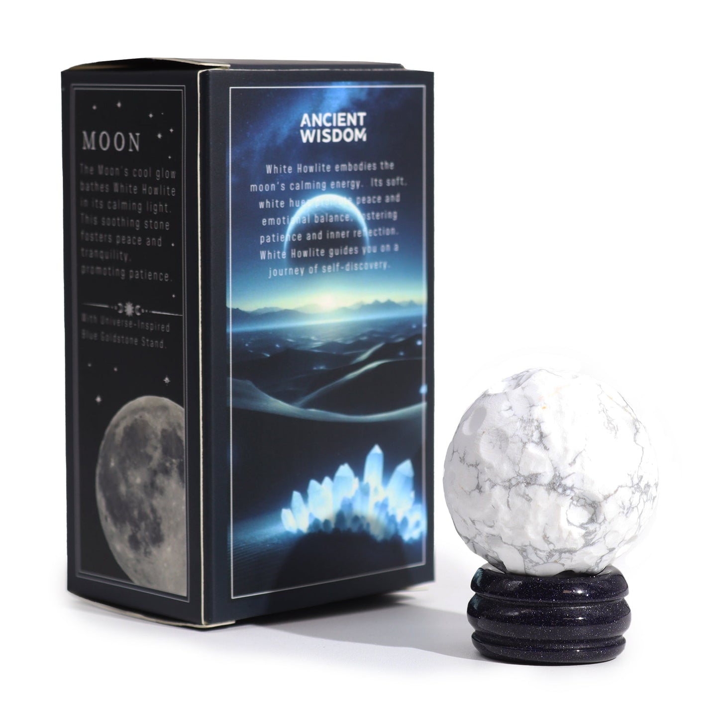 White Howlite Gemstone Planet and Goldstone Stand - Moon product packaging on clean background from Quintessential Holistic Health Ltd