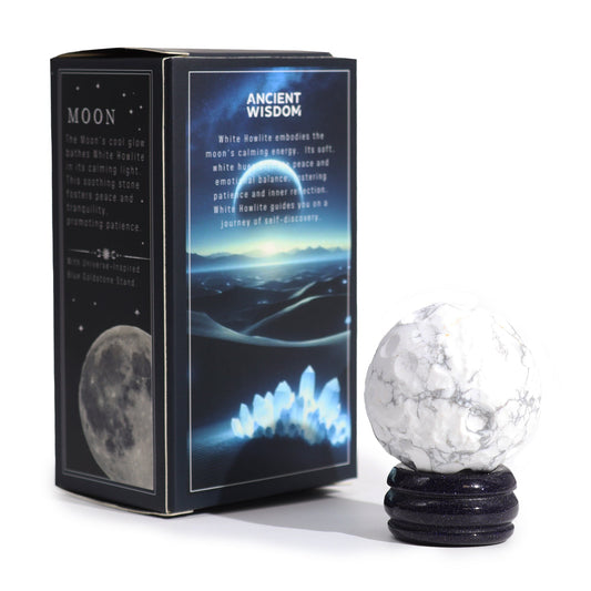 White Howlite Gemstone Planet and Goldstone Stand - Moon product packaging on clean background from Quintessential Holistic Health Ltd