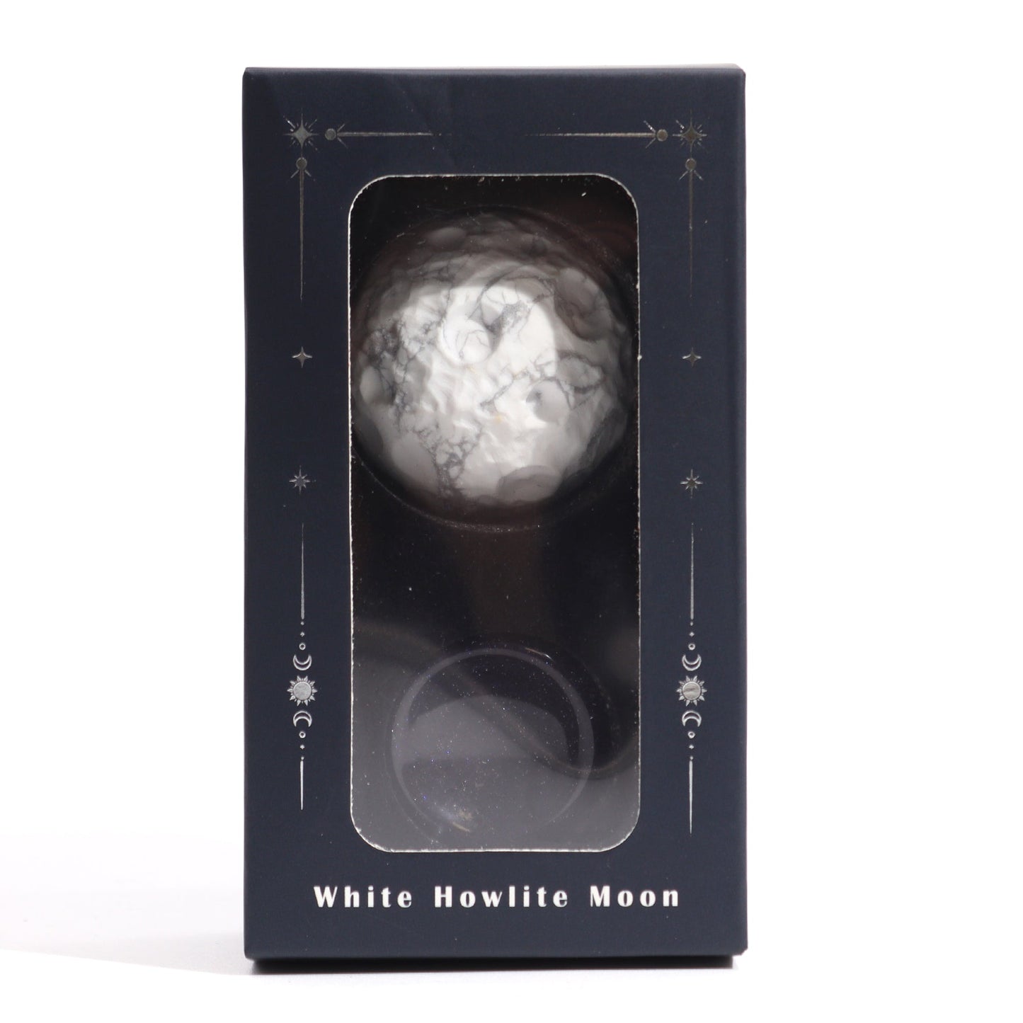 White Howlite Gemstone Planet and Goldstone Stand - Moon product packaging on clean background from Quintessential Holistic Health Ltd