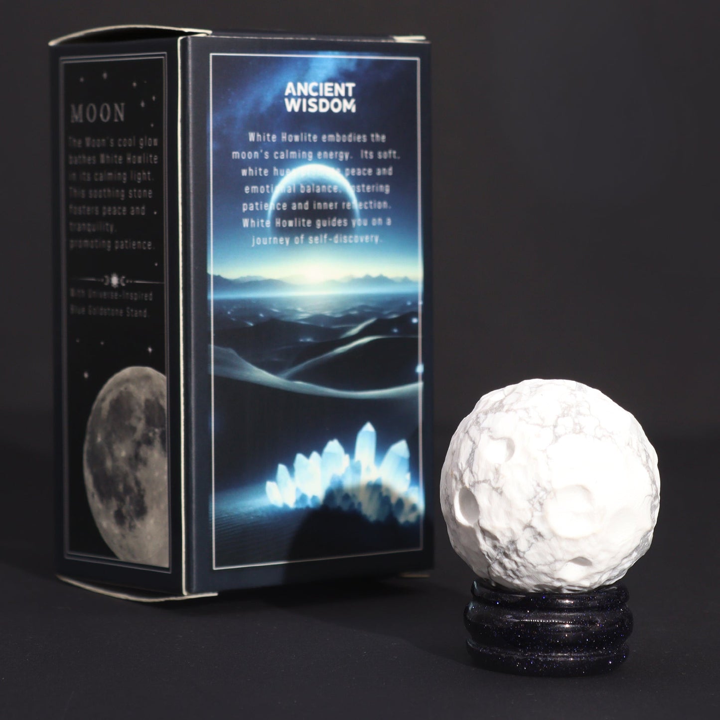 White Howlite Gemstone Planet and Goldstone Stand - Moon product packaging on clean background from Quintessential Holistic Health Ltd