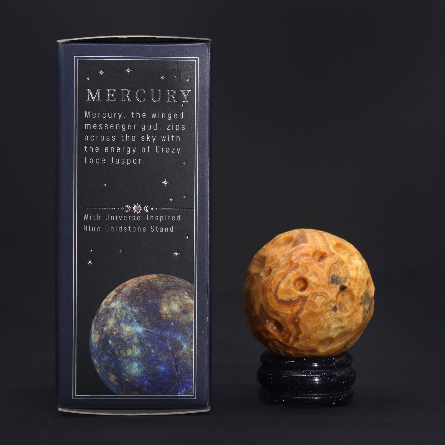 Crazy Lace Jasper Gemstone Planet and Goldstone Stand - Mercury product packaging on clean background from Quintessential Holistic Health Ltd