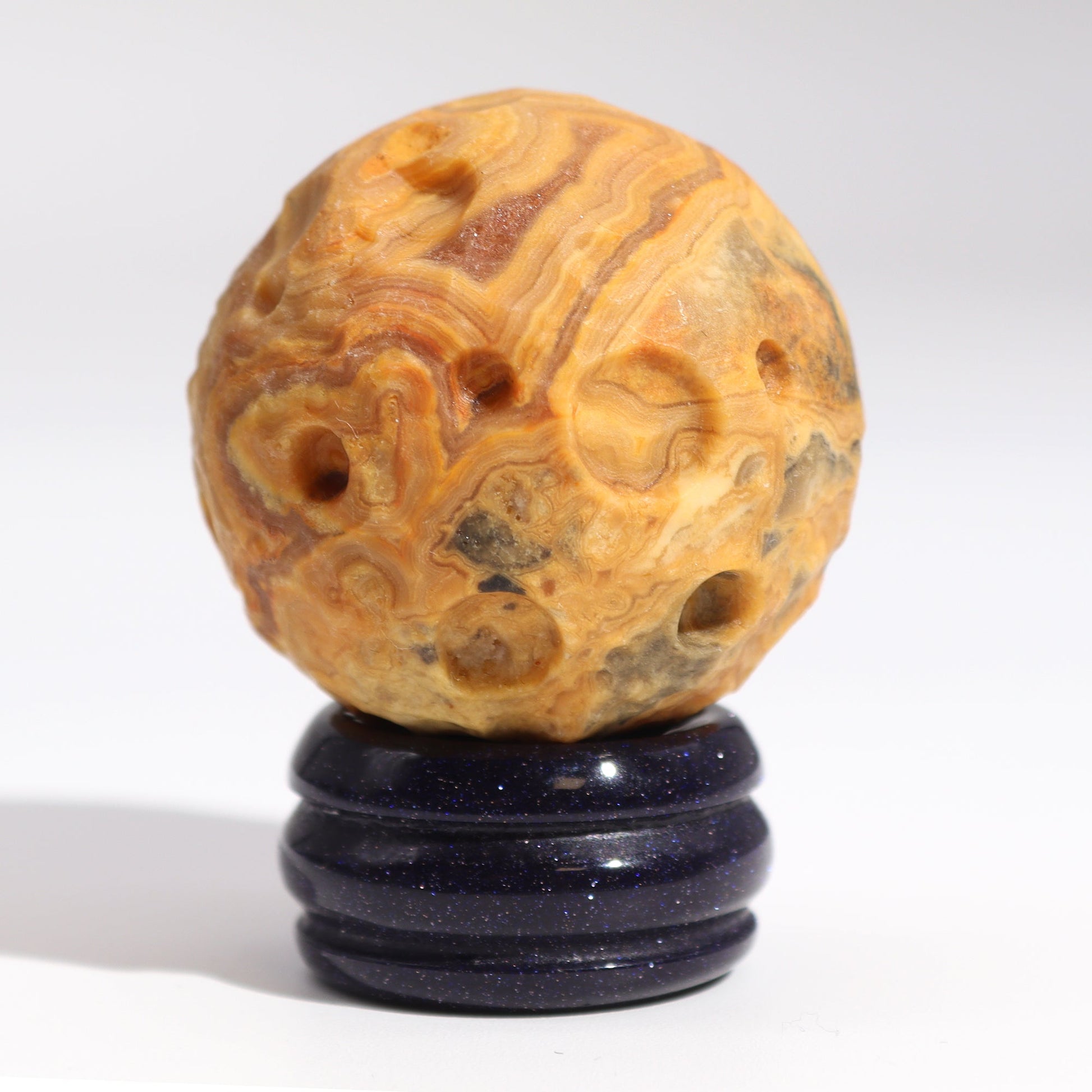 Crazy Lace Jasper Gemstone Planet and Goldstone Stand - Mercury product packaging on clean background from Quintessential Holistic Health Ltd
