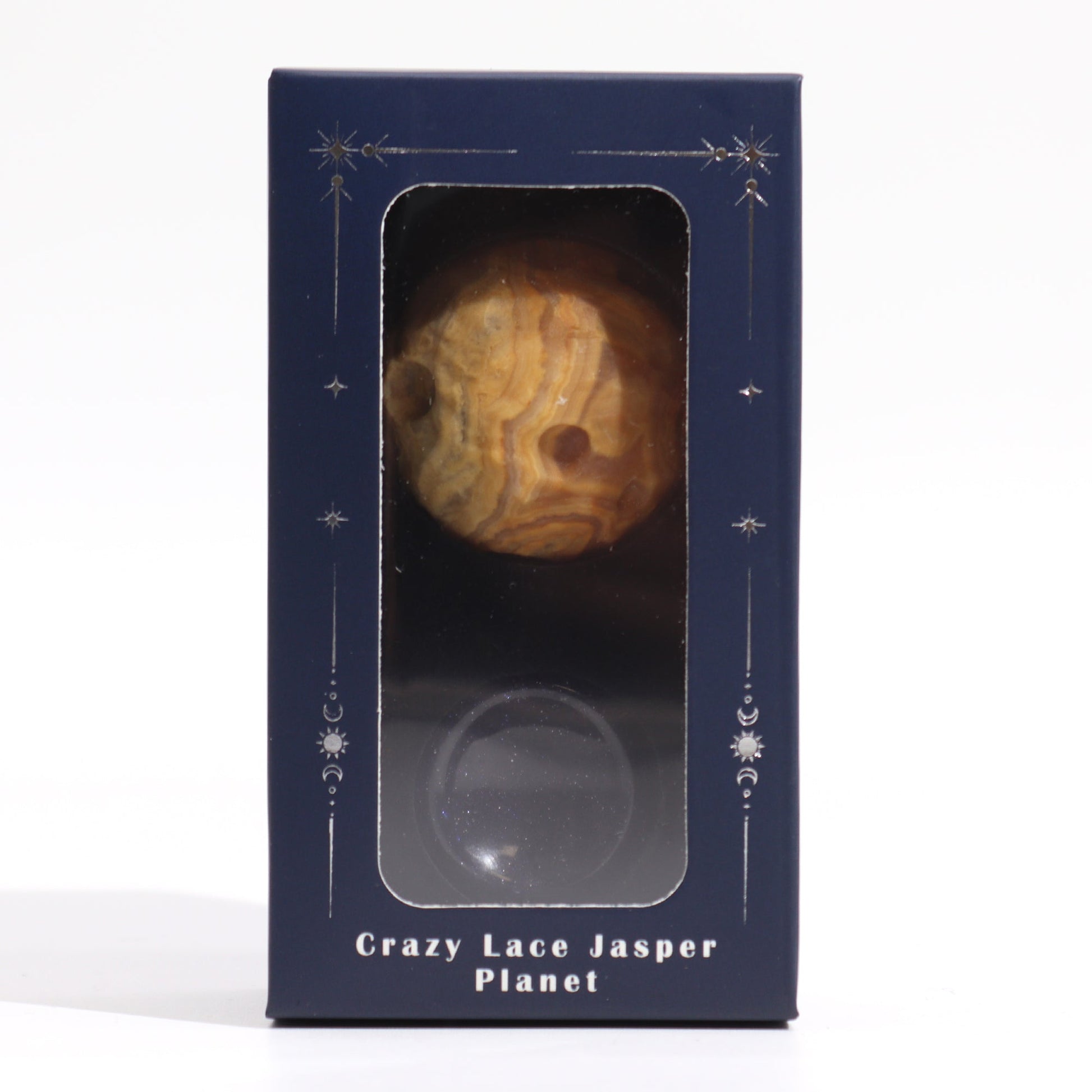 Crazy Lace Jasper Gemstone Planet and Goldstone Stand - Mercury product packaging on clean background from Quintessential Holistic Health Ltd