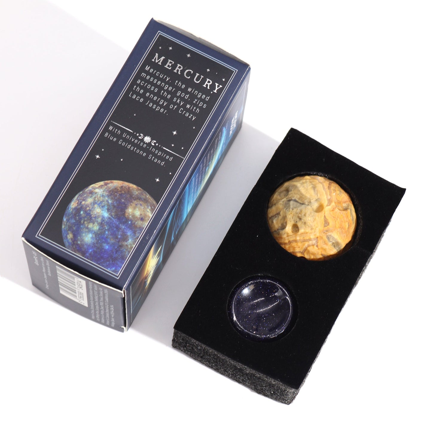 Crazy Lace Jasper Gemstone Planet and Goldstone Stand - Mercury product packaging on clean background from Quintessential Holistic Health Ltd