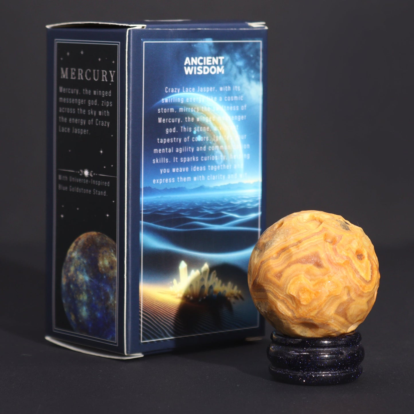 Crazy Lace Jasper Gemstone Planet and Goldstone Stand - Mercury product packaging on clean background from Quintessential Holistic Health Ltd
