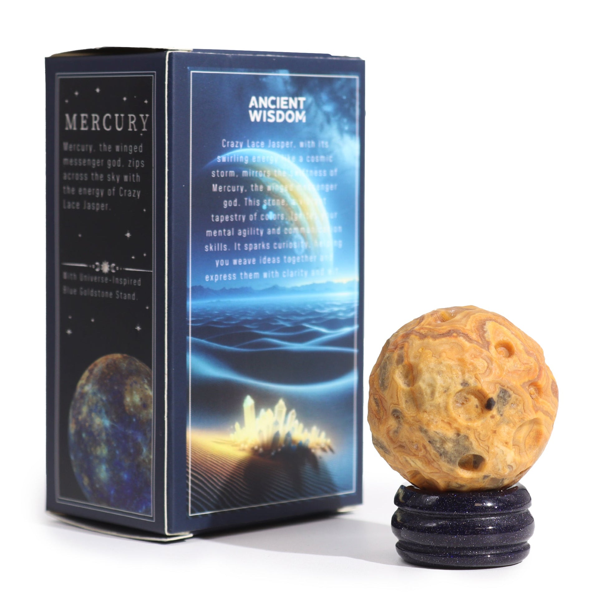 Crazy Lace Jasper Gemstone Planet and Goldstone Stand - Mercury product packaging on clean background from Quintessential Holistic Health Ltd
