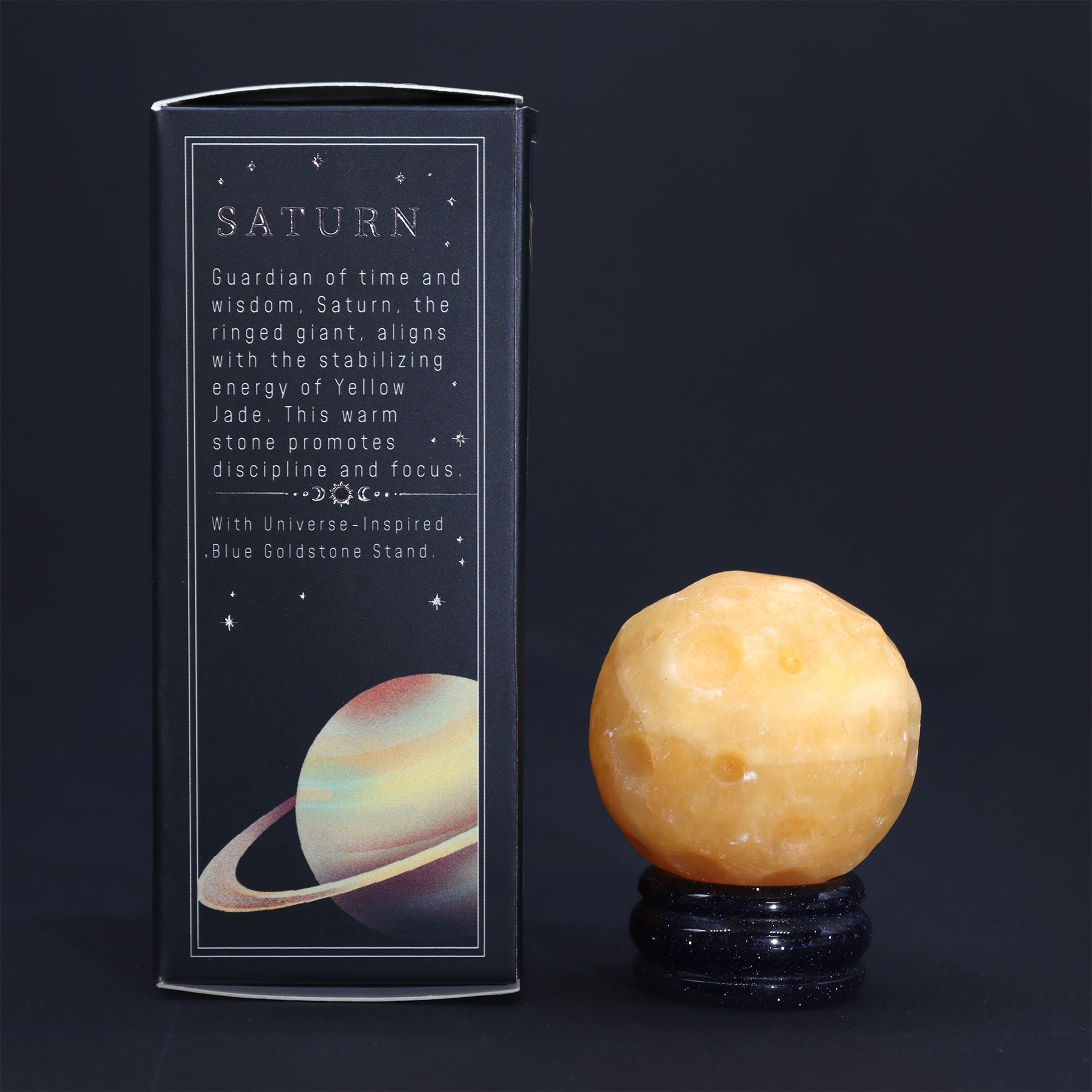 Yellow Jade Gemstone Planet and Goldstone Stand - Saturn product packaging on clean background from Quintessential Holistic Health Ltd