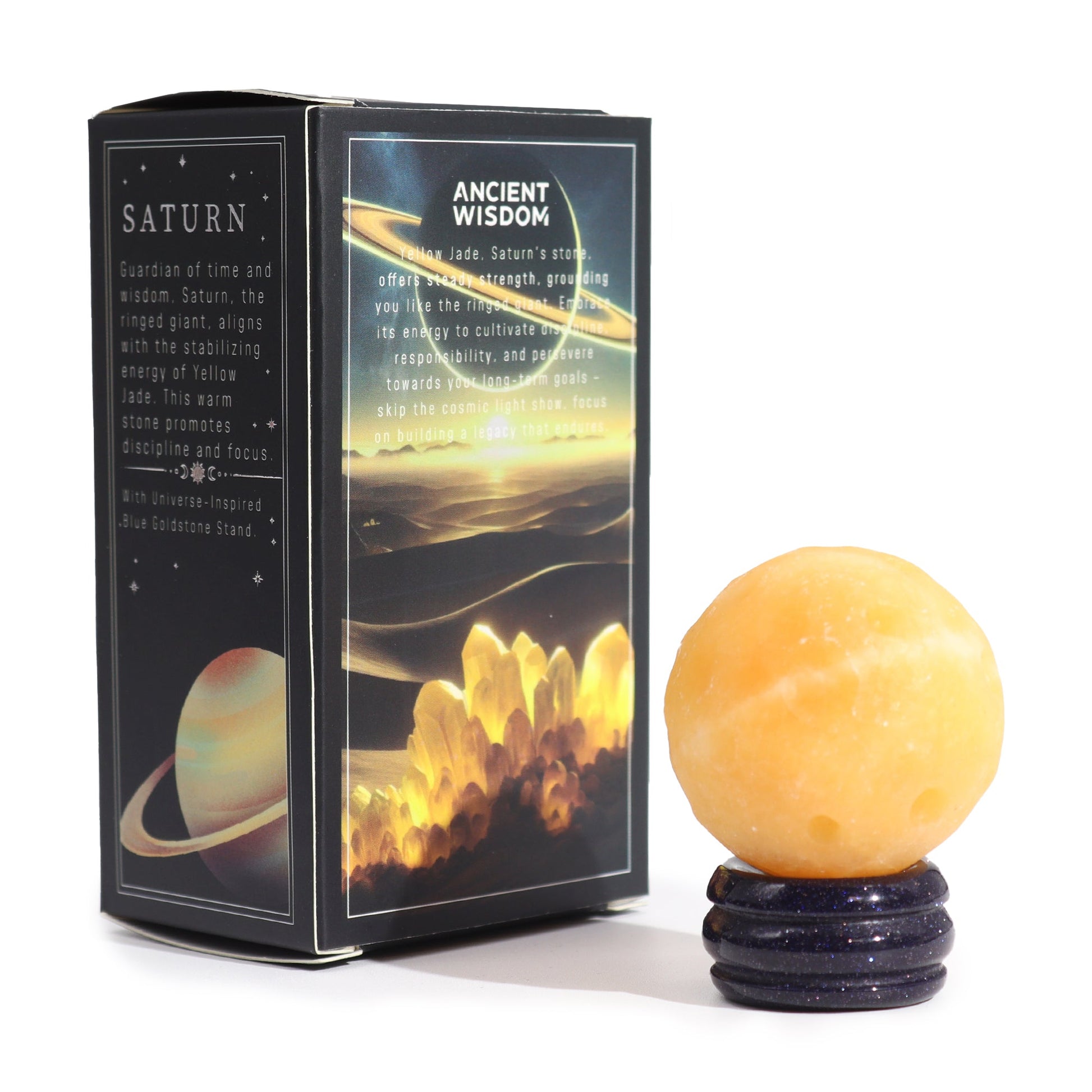 Yellow Jade Gemstone Planet and Goldstone Stand - Saturn product packaging on clean background from Quintessential Holistic Health Ltd