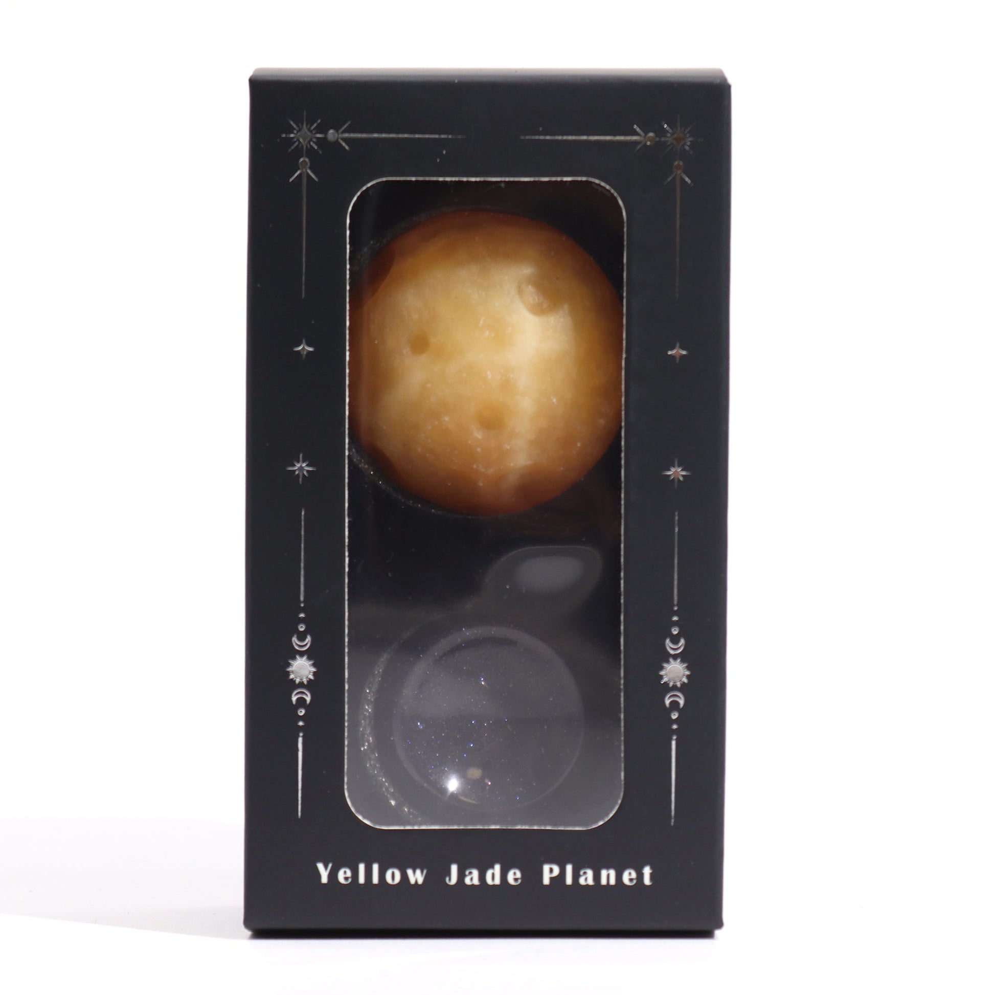 Yellow Jade Gemstone Planet and Goldstone Stand - Saturn product packaging on clean background from Quintessential Holistic Health Ltd