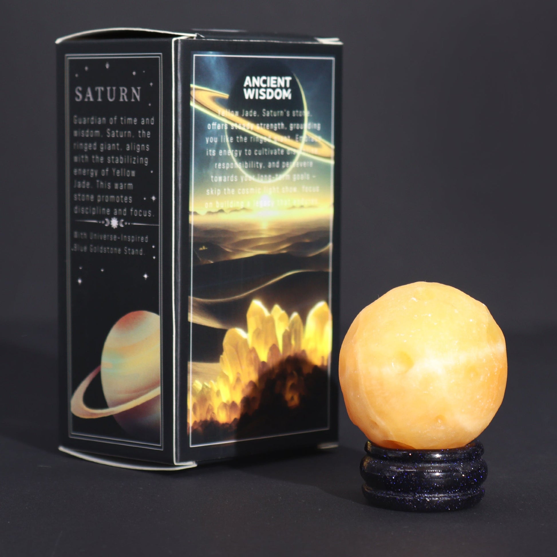 Yellow Jade Gemstone Planet and Goldstone Stand - Saturn product packaging on clean background from Quintessential Holistic Health Ltd