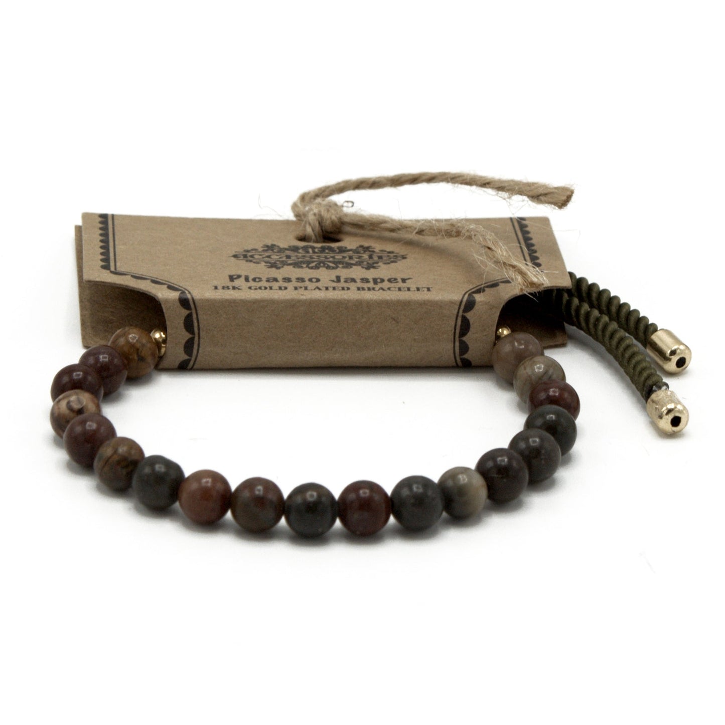 Unisex Handcrafted 18K Gold Plated Gemstone Bracelet - Moss Green String / Picasso Jasper product packaging on clean background from Quintessential Holistic Health Ltd
