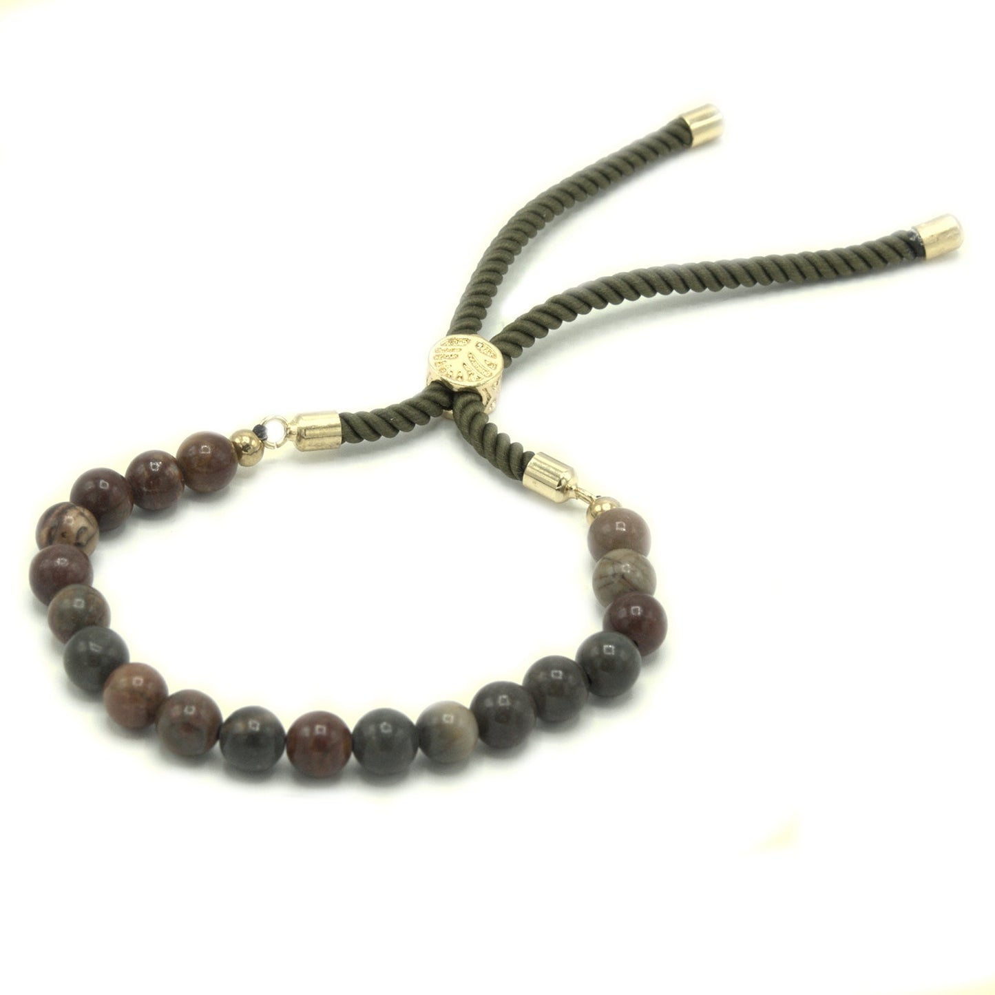 Unisex Handcrafted 18K Gold Plated Gemstone Bracelet - Moss Green String / Picasso Jasper product packaging on clean background from Quintessential Holistic Health Ltd