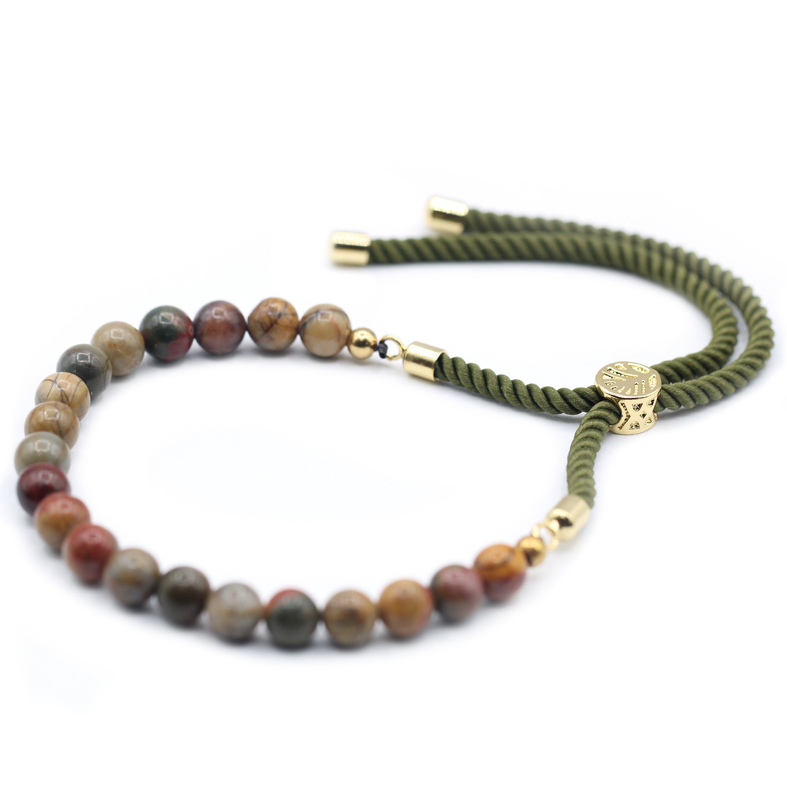 Unisex Handcrafted 18K Gold Plated Gemstone Bracelet - Moss Green String / Picasso Jasper product packaging on clean background from Quintessential Holistic Health Ltd