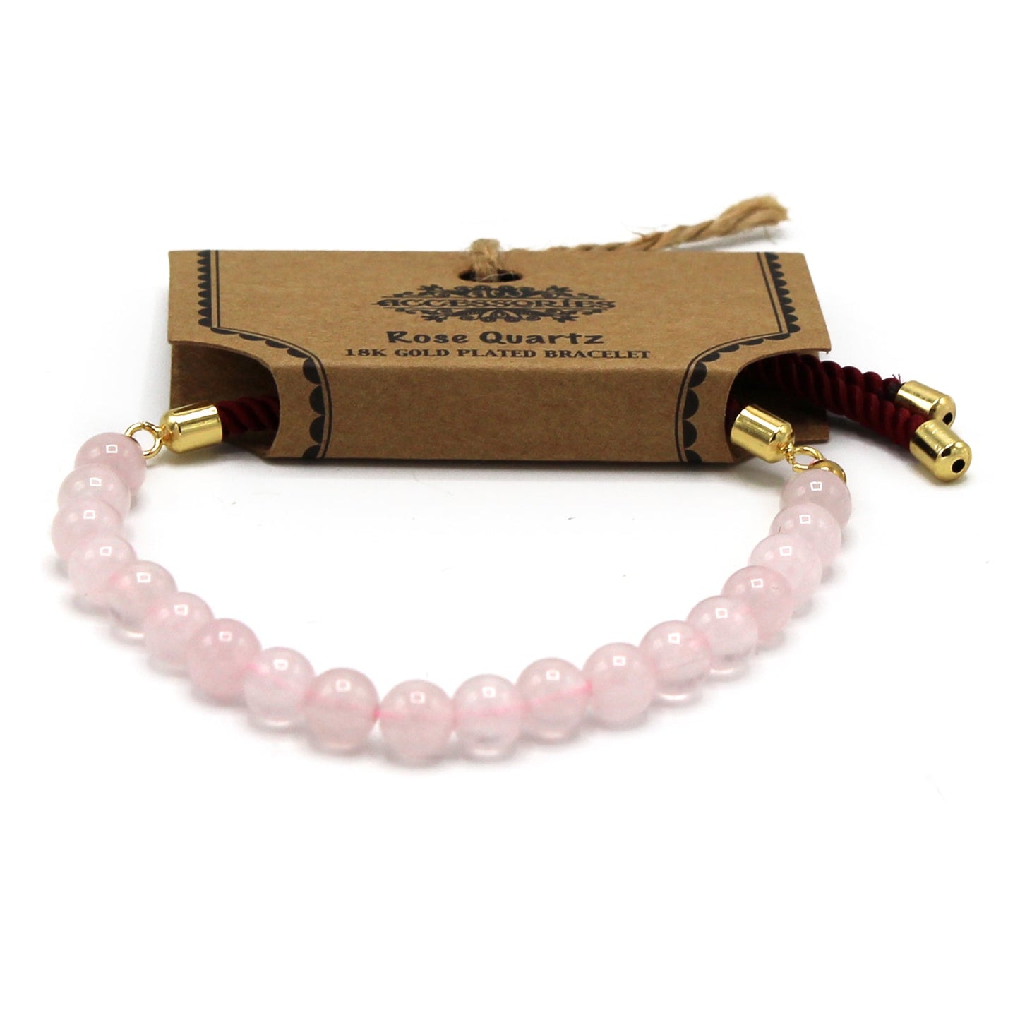 Unisex Handcrafted 18K Gold Plated Gemstone Bracelet - Burgundy String / Rose Quartz product packaging on clean background from Quintessential Holistic Health Ltd