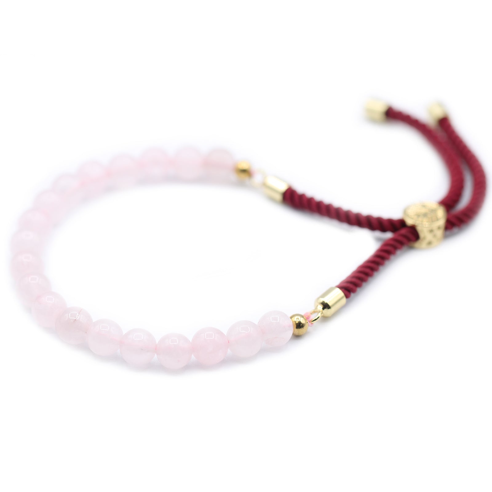 Unisex Handcrafted 18K Gold Plated Gemstone Bracelet - Burgundy String / Rose Quartz product packaging on clean background from Quintessential Holistic Health Ltd