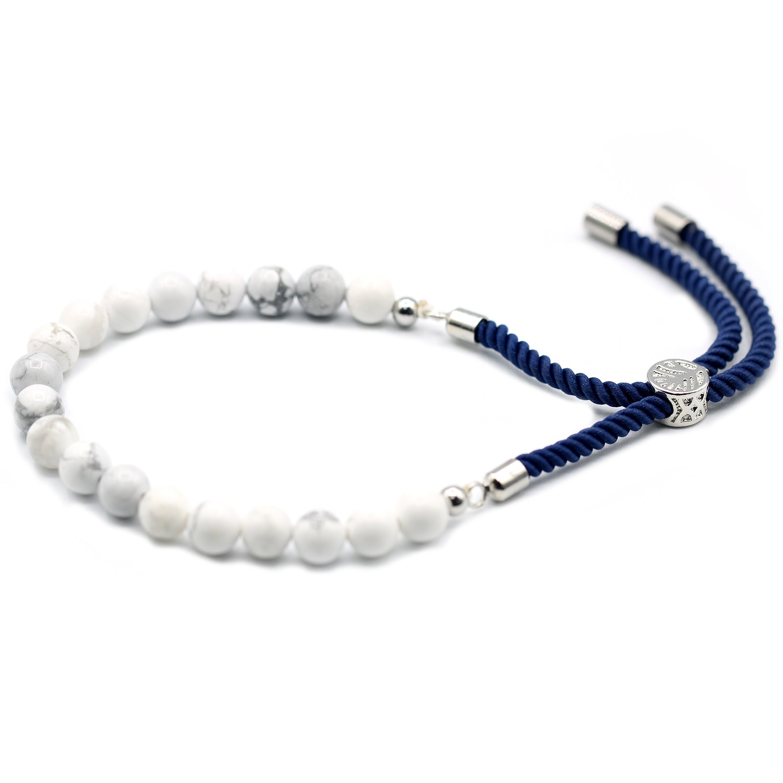 Unisex Handcrafted 925 Silver Plated Gemstone Bracelet - Navy Blue String / White Howlite product packaging on clean background from Quintessential Holistic Health Ltd