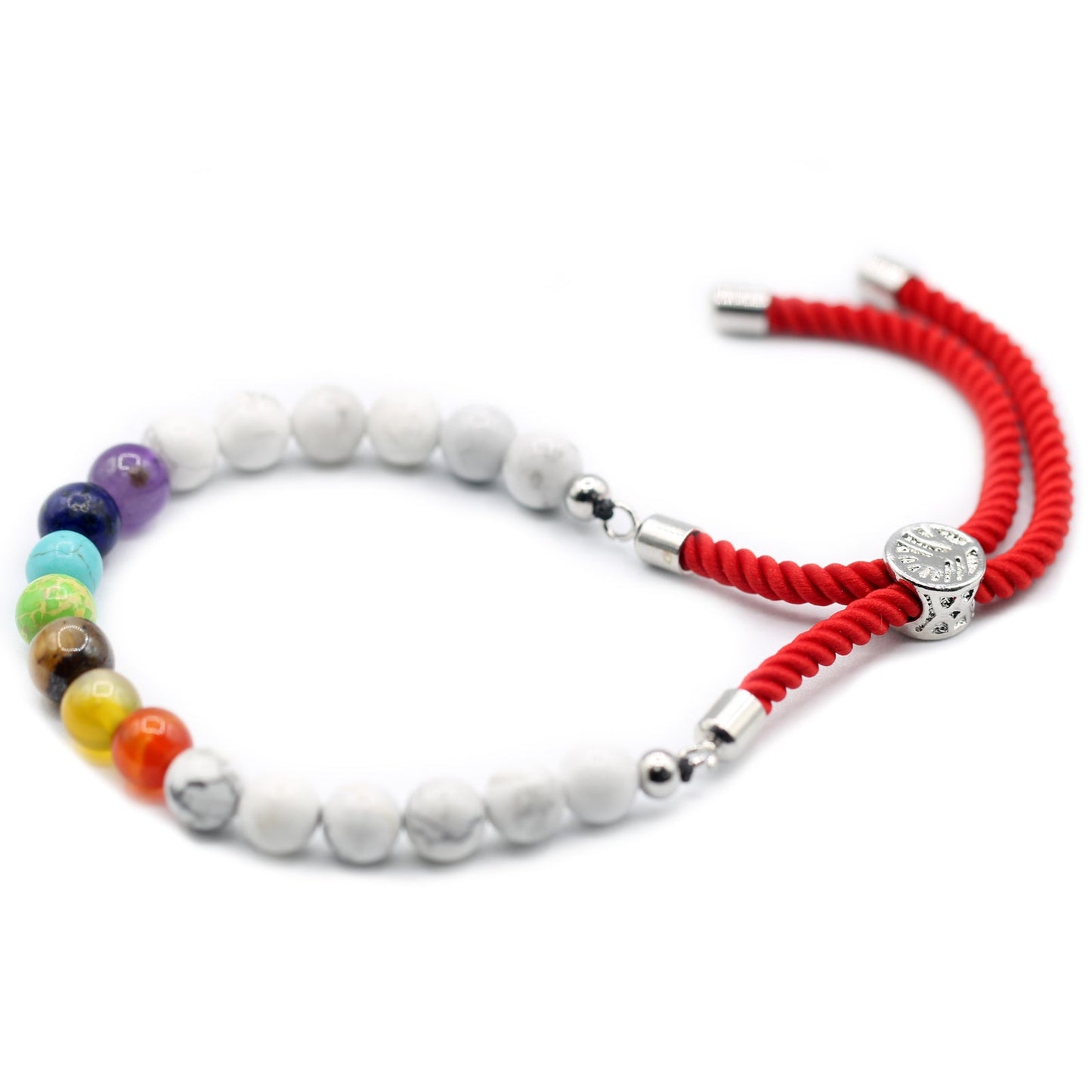 Unisex Handcrafted 925 Silver Plated Gemstone Bracelet - Royal Red String / White Howlite Chakra product packaging on clean background from Quintessential Holistic Health Ltd