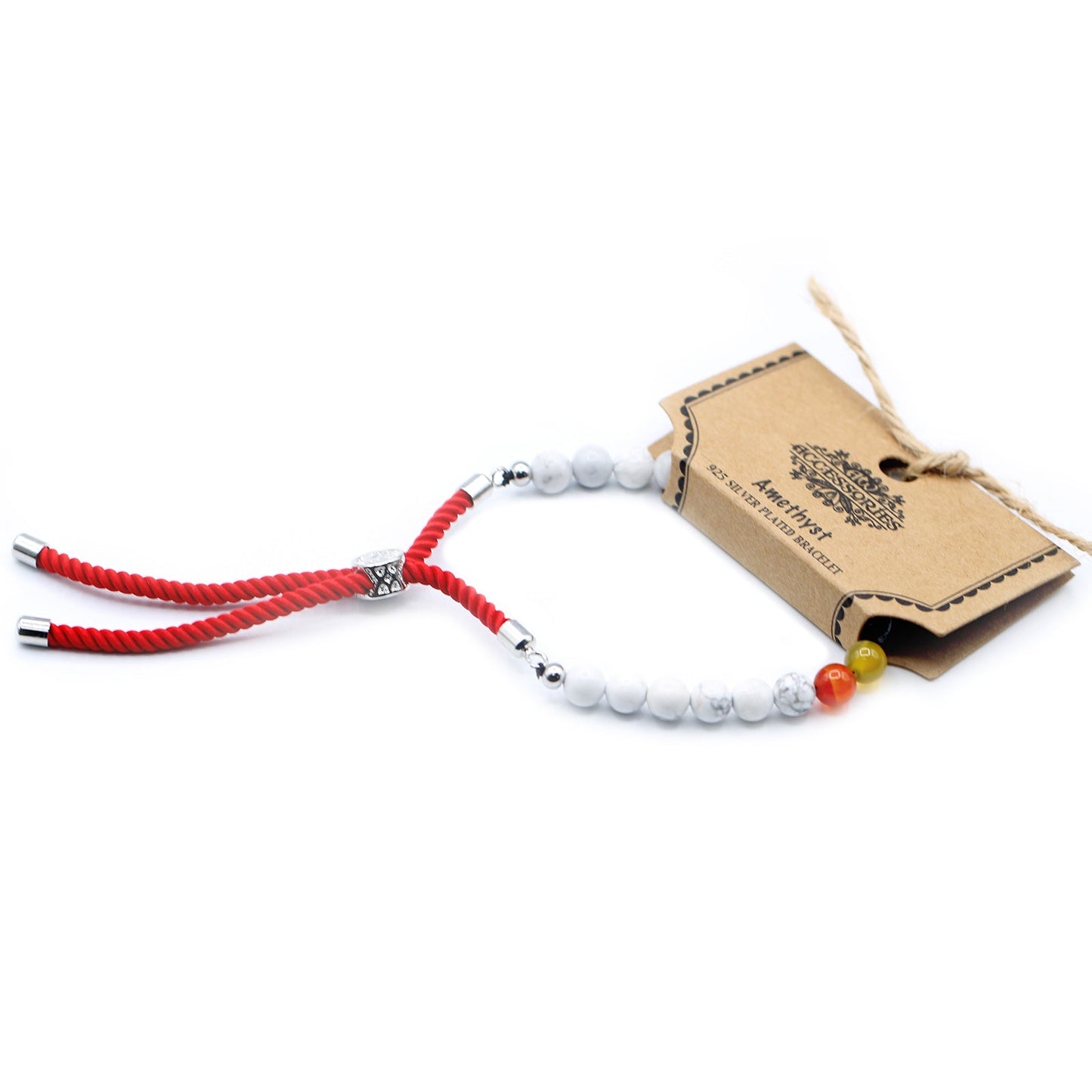 Unisex Handcrafted 925 Silver Plated Gemstone Bracelet - Royal Red String / White Howlite Chakra product packaging on clean background from Quintessential Holistic Health Ltd