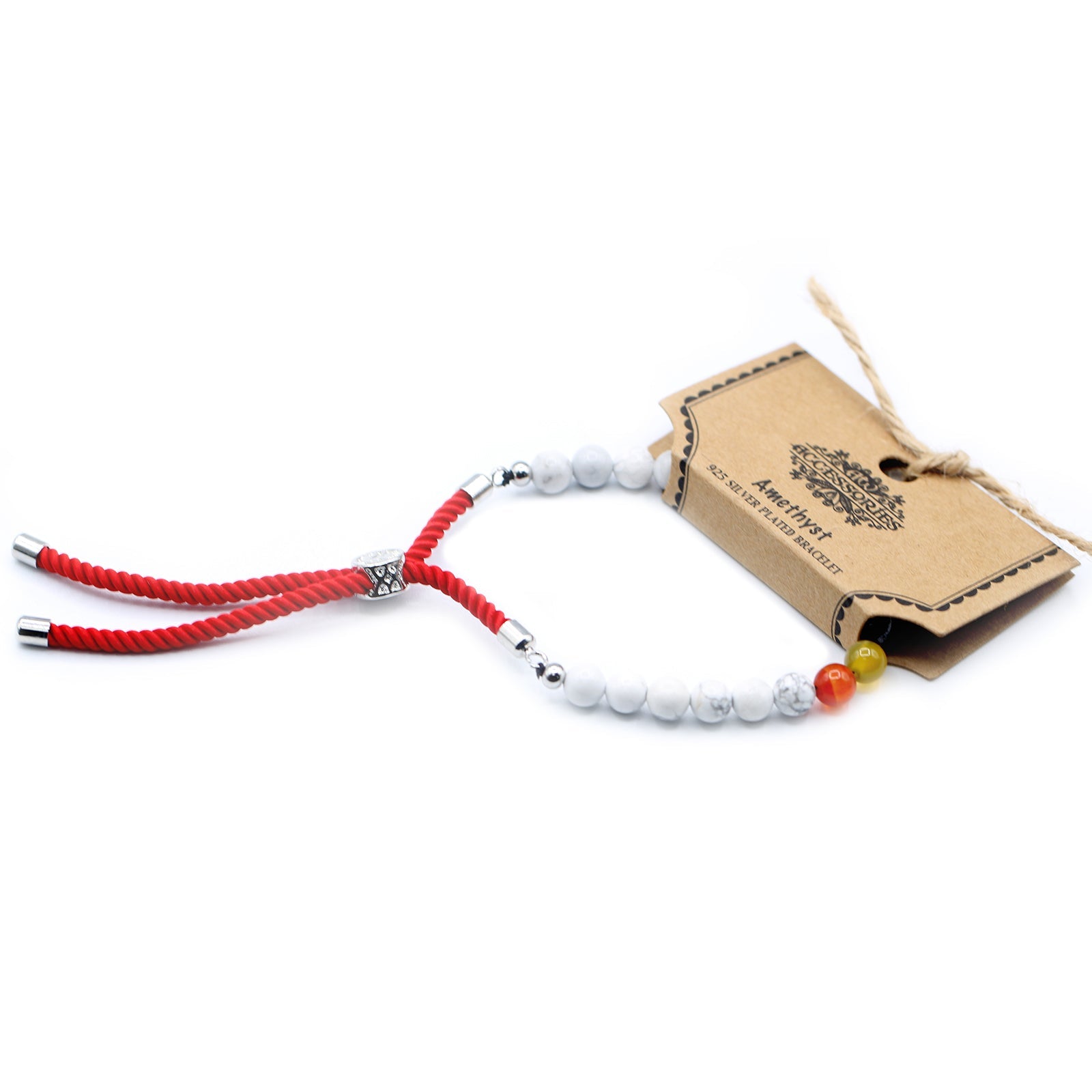 Unisex Handcrafted 925 Silver Plated Gemstone Bracelet - Royal Red String / White Howlite Chakra product packaging on clean background from Quintessential Holistic Health Ltd