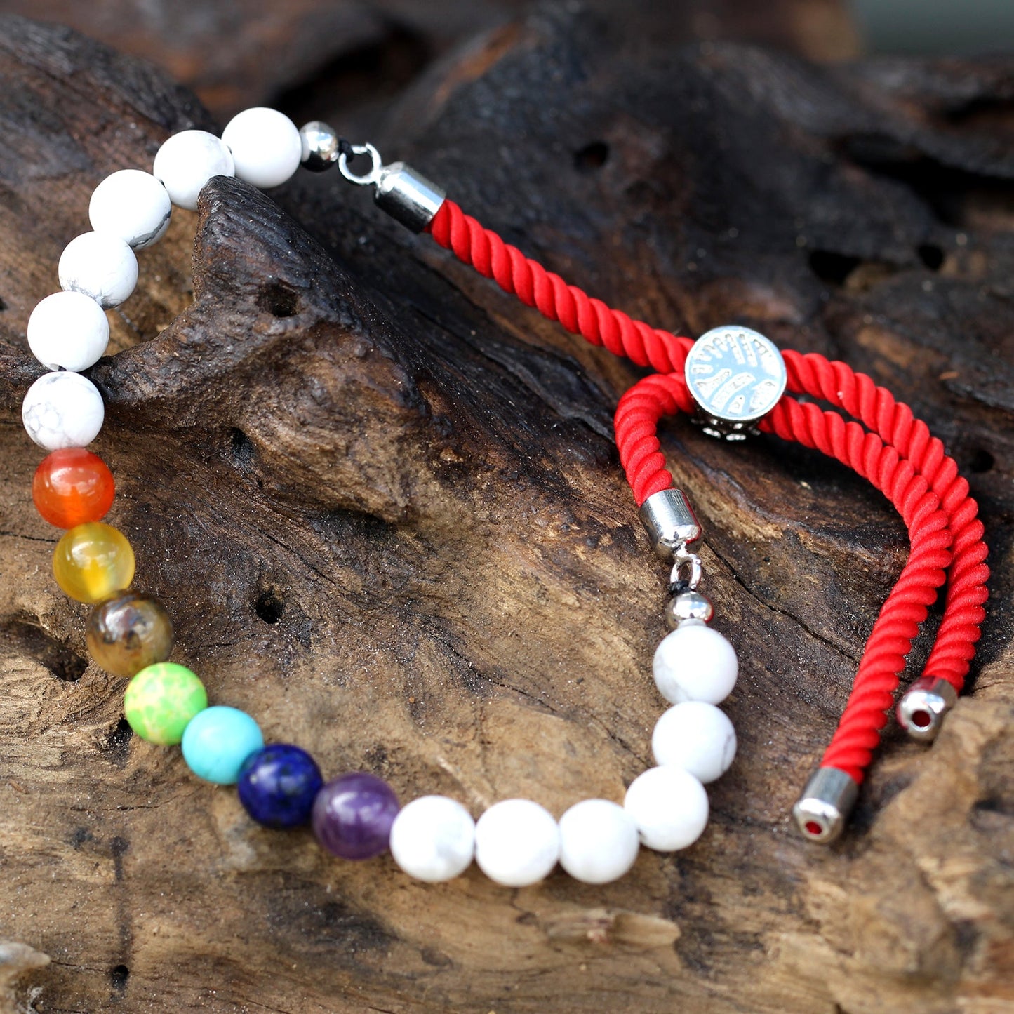 Unisex Handcrafted 925 Silver Plated Gemstone Bracelet - Royal Red String / White Howlite Chakra product packaging on clean background from Quintessential Holistic Health Ltd
