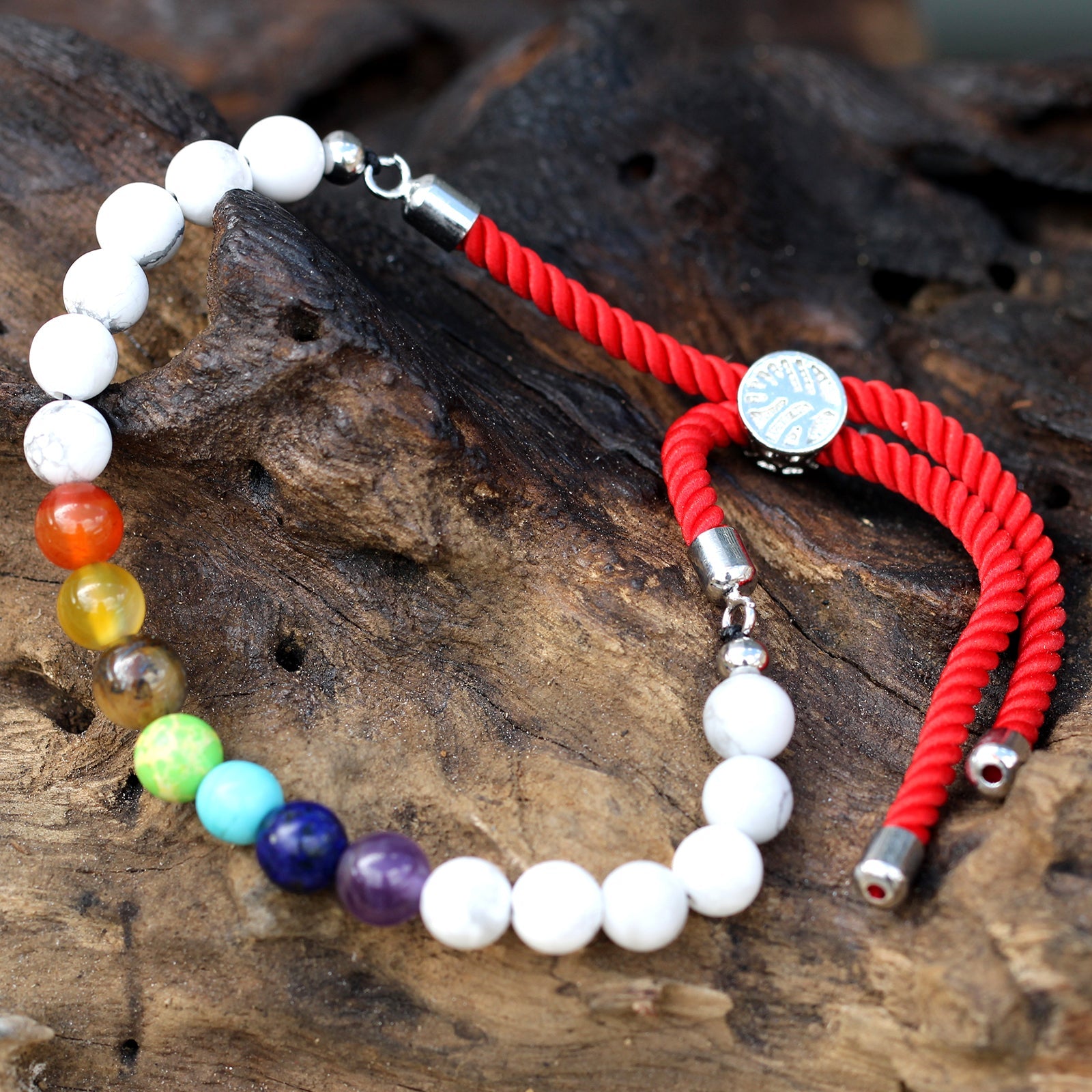 Unisex Handcrafted 925 Silver Plated Gemstone Bracelet - Royal Red String / White Howlite Chakra product packaging on clean background from Quintessential Holistic Health Ltd