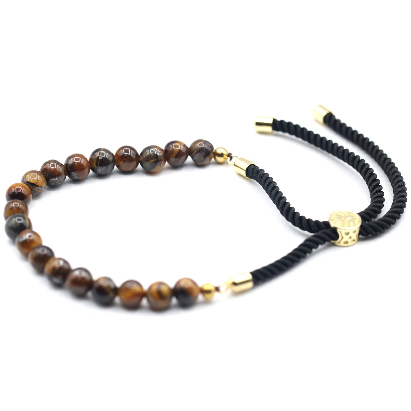 Unisex Handcrafted 18K Gold Plated Gemstone Bracelet - Black String / Tigers Eye product packaging on clean background from Quintessential Holistic Health Ltd
