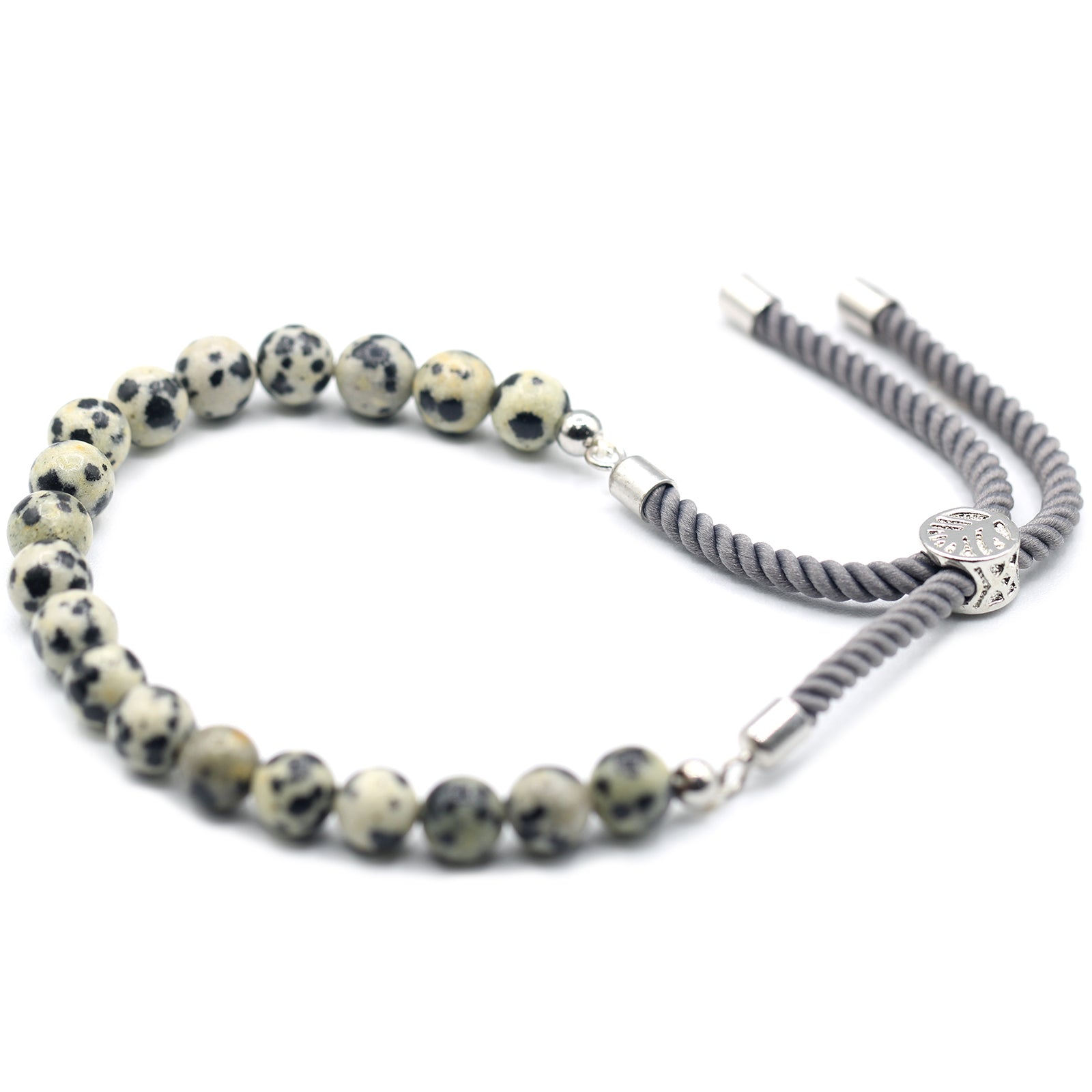 Unisex Handcrafted 925 Silver Plated Gemstone Bracelet - Charcoal String / Dalmatian Jasper product packaging on clean background from Quintessential Holistic Health Ltd