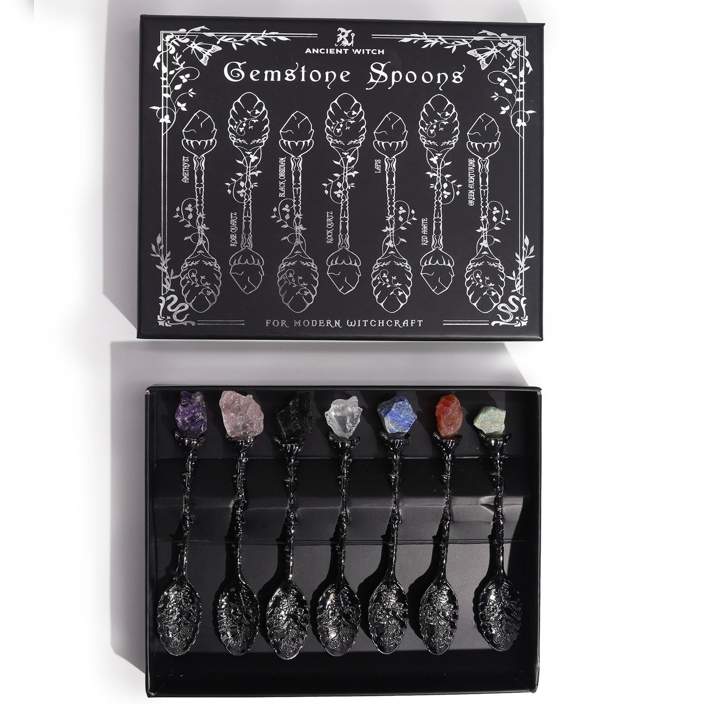 Set of 7 Gemstone Crystal Witches Spoons - Dark Silver product packaging on clean background from Quintessential Holistic Health Ltd