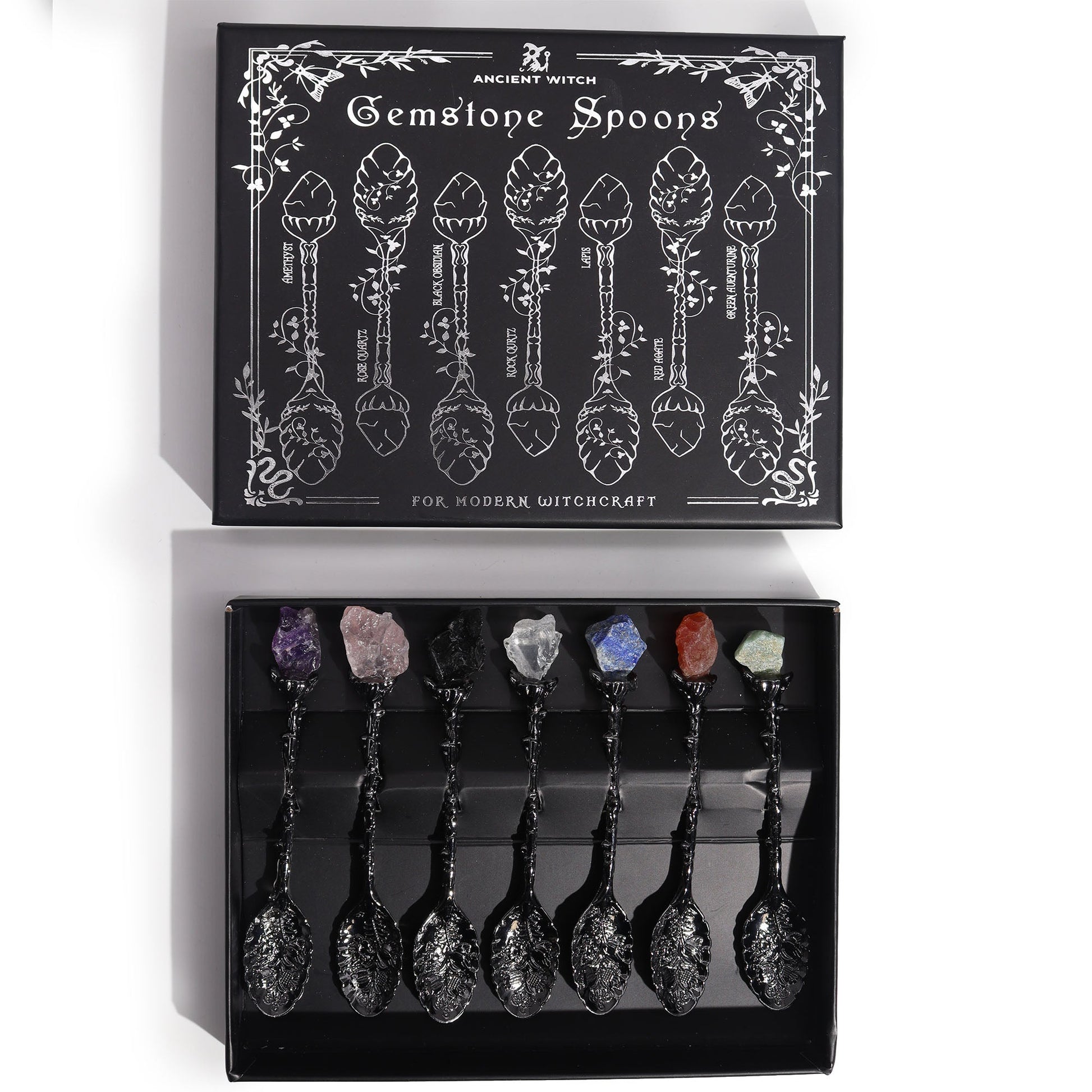 Set of 7 Gemstone Crystal Witches Spoons - Dark Silver product packaging on clean background from Quintessential Holistic Health Ltd