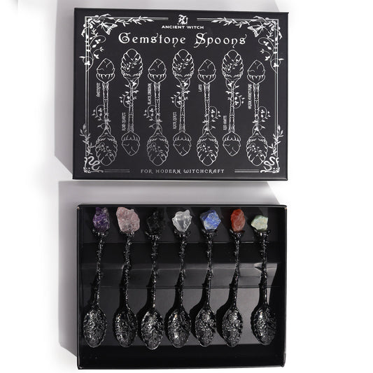 Set of 7 Gemstone Crystal Witches Spoons - Dark Silver product packaging on clean background from Quintessential Holistic Health Ltd