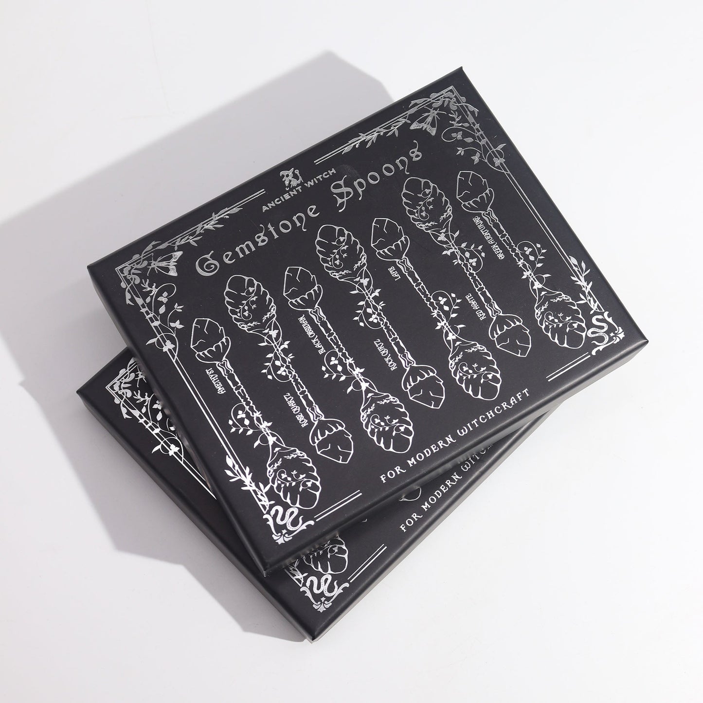 Set of 7 Gemstone Crystal Witches Spoons - Dark Silver product packaging on clean background from Quintessential Holistic Health Ltd