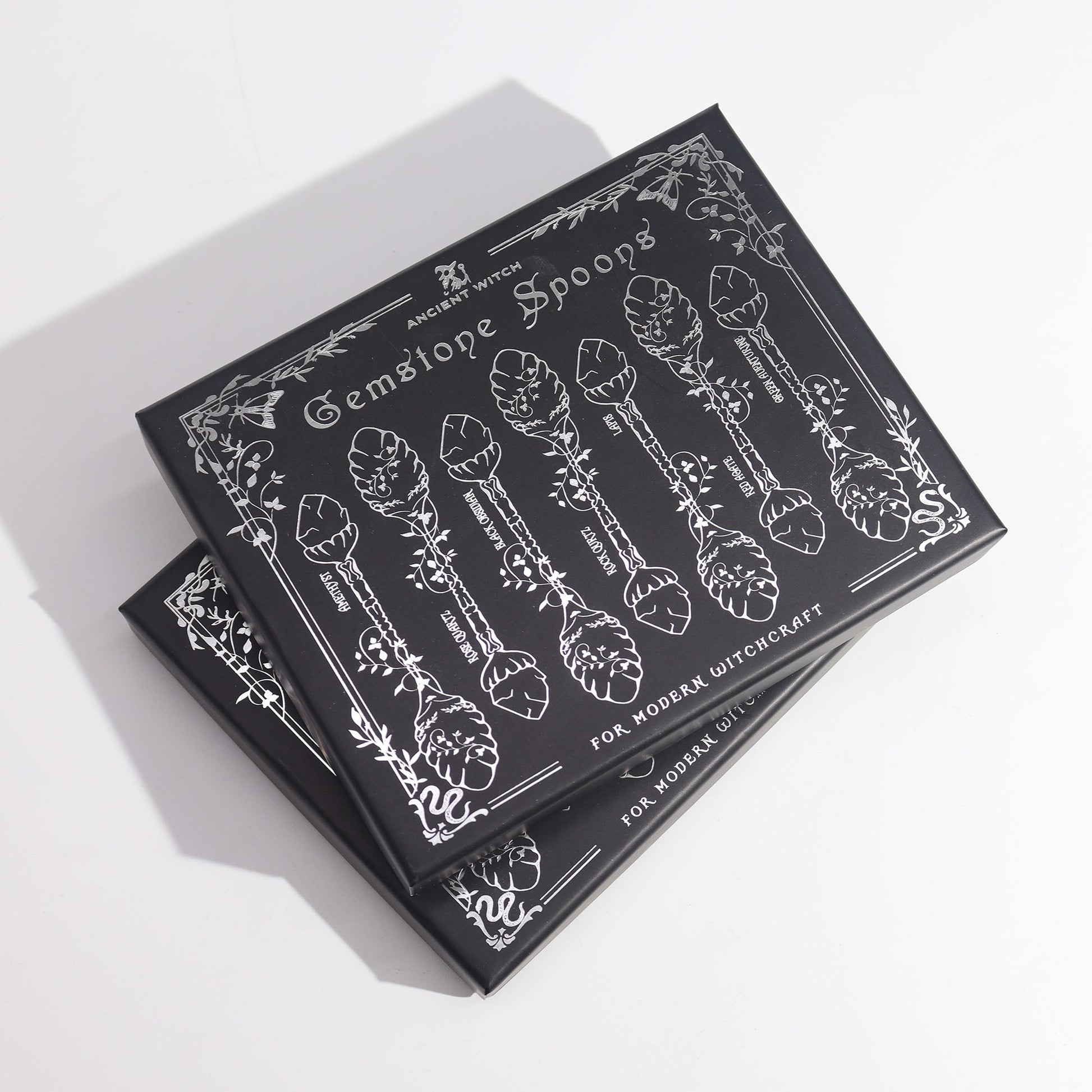Set of 7 Gemstone Crystal Witches Spoons - Dark Silver product packaging on clean background from Quintessential Holistic Health Ltd
