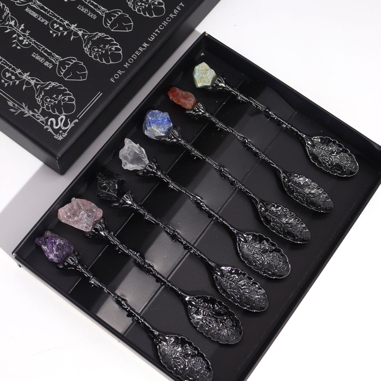 Set of 7 Gemstone Crystal Witches Spoons - Dark Silver product packaging on clean background from Quintessential Holistic Health Ltd