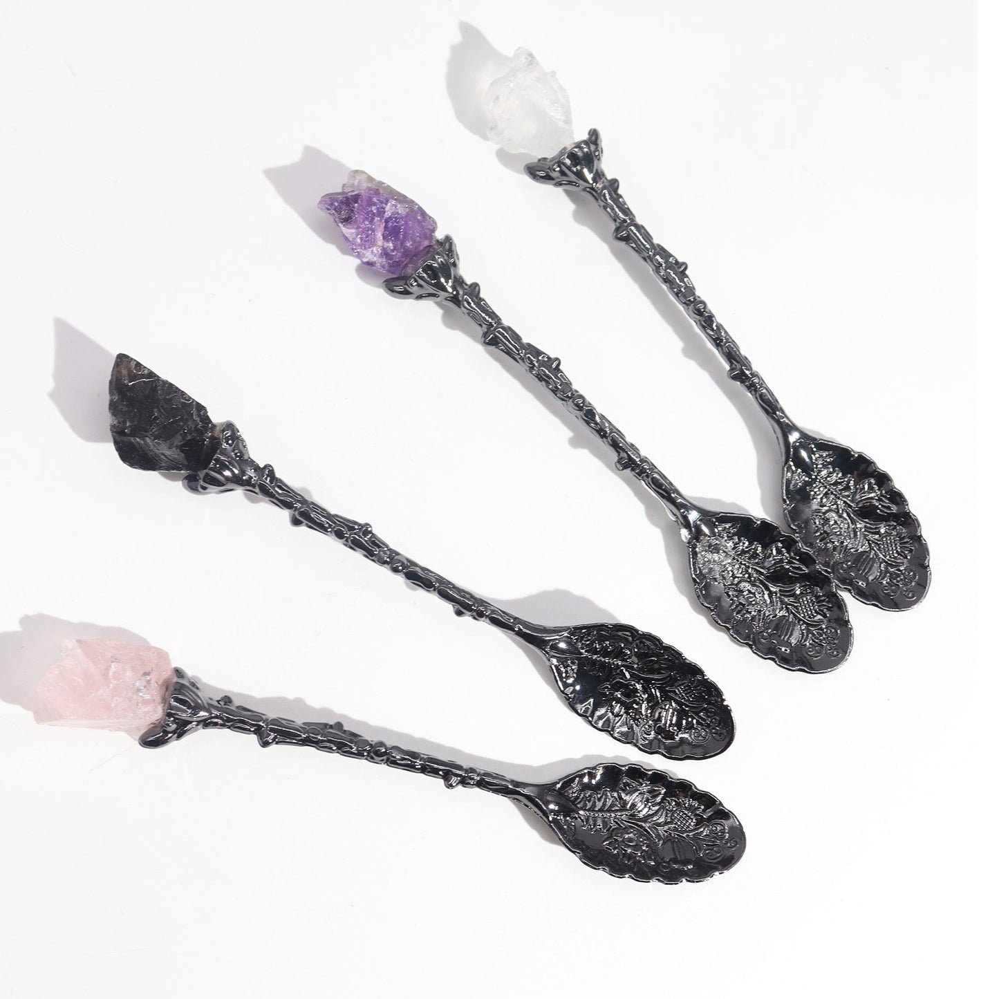 Set of 7 Gemstone Crystal Witches Spoons - Dark Silver product packaging on clean background from Quintessential Holistic Health Ltd