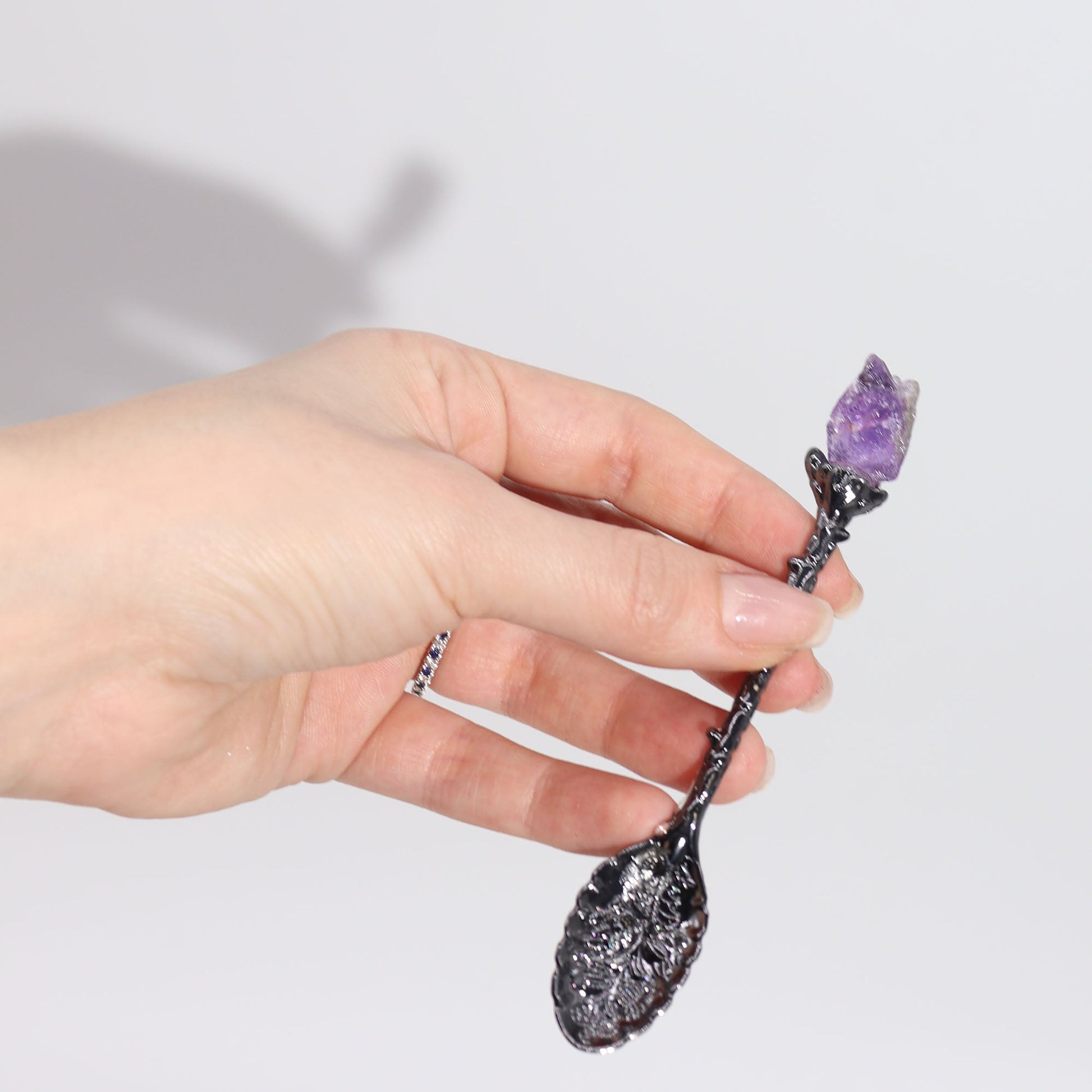 Set of 7 Gemstone Crystal Witches Spoons - Dark Silver product packaging on clean background from Quintessential Holistic Health Ltd